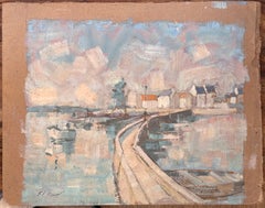French Impressionist Harbour View with Boats and Curved Pier