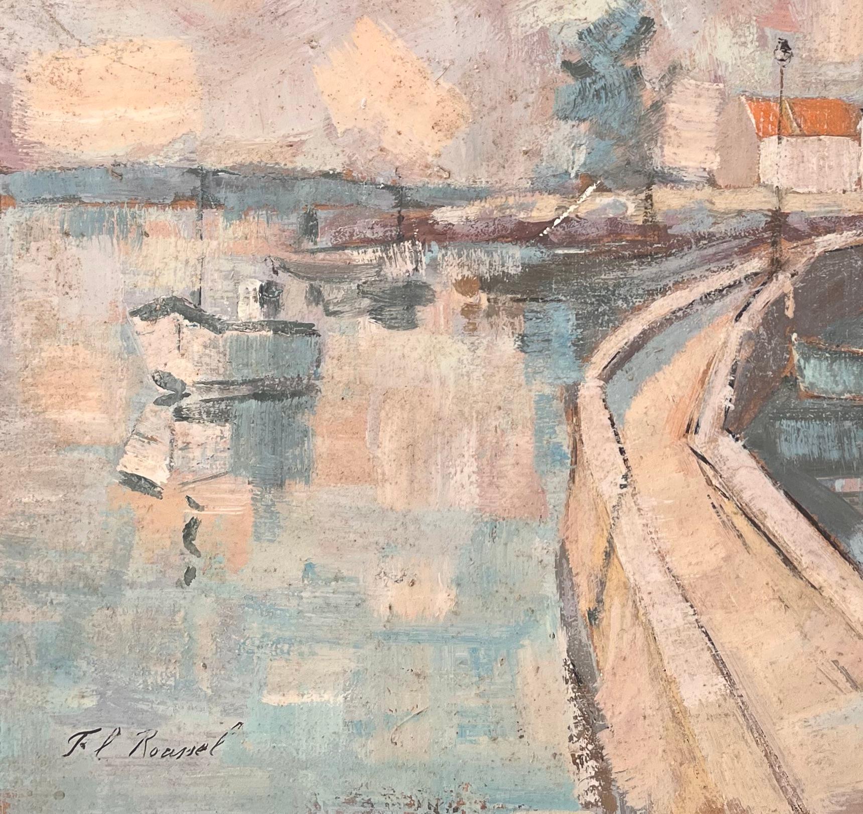 Vue de port impressionniste française avec bateaux et pont incurvé - Beige Figurative Painting par F.T Roussel