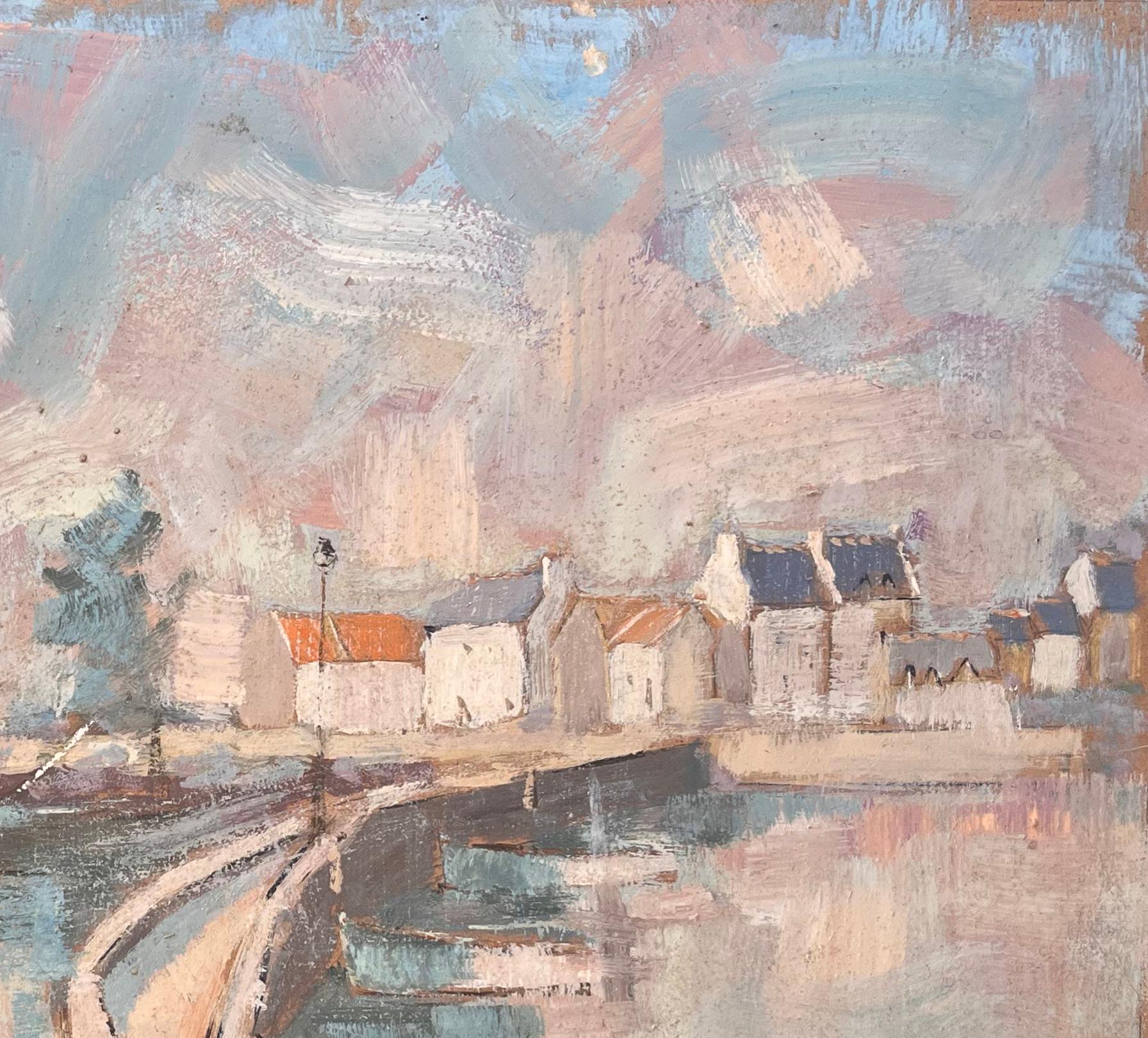 Titre : Vue du port impressionniste français avec des bateaux et une jetée incurvée
Par F.T. Roussel
Signé : oui
Taille : 20 x 25.25 pouces (hauteur x largeur)
Peinture à l'huile sur carton, non encadrée
Condit : La peinture est en bon état, avec