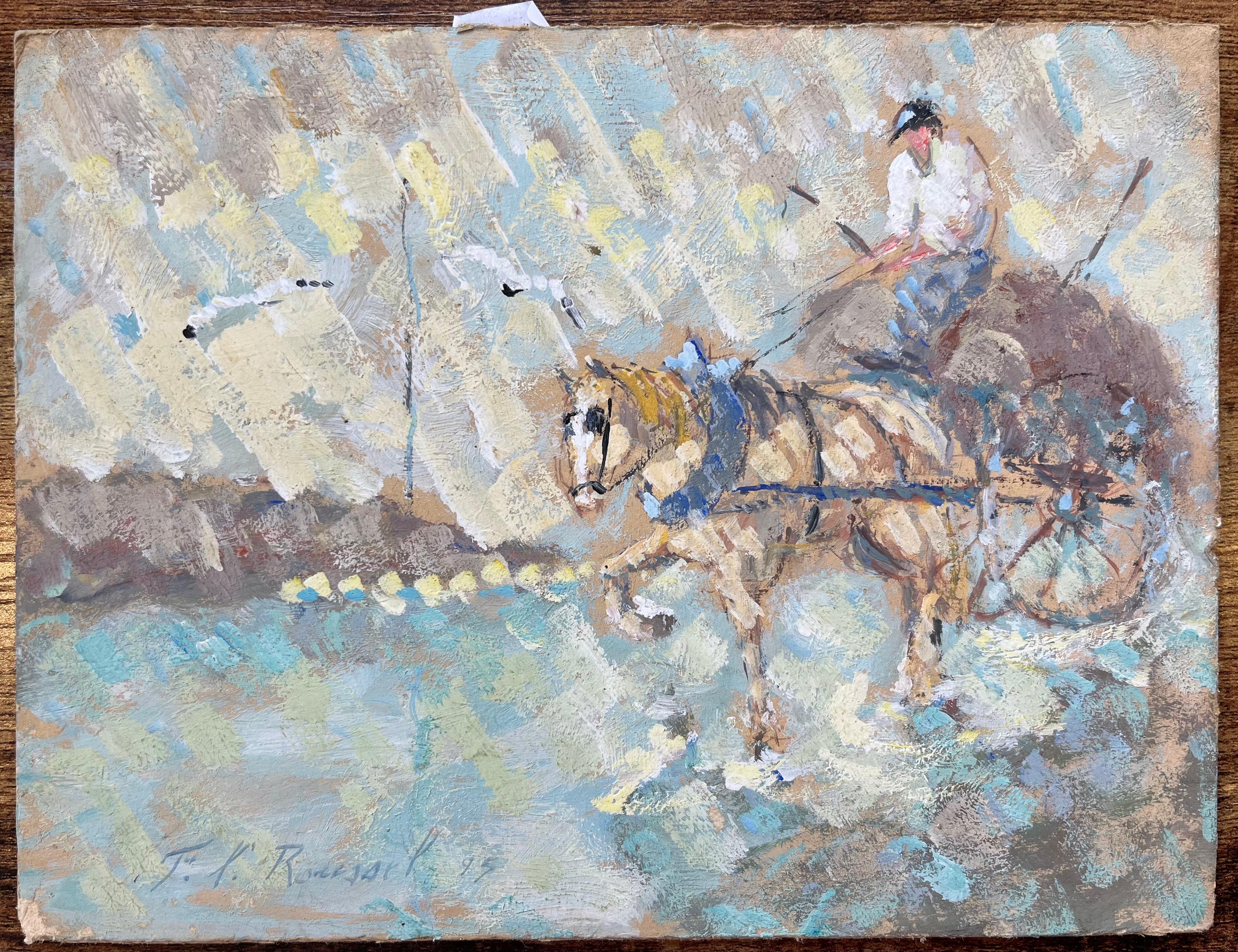 Impressionistisches Ölgemälde eines Pferdewagens mit Reiter – Painting von F.T Roussel