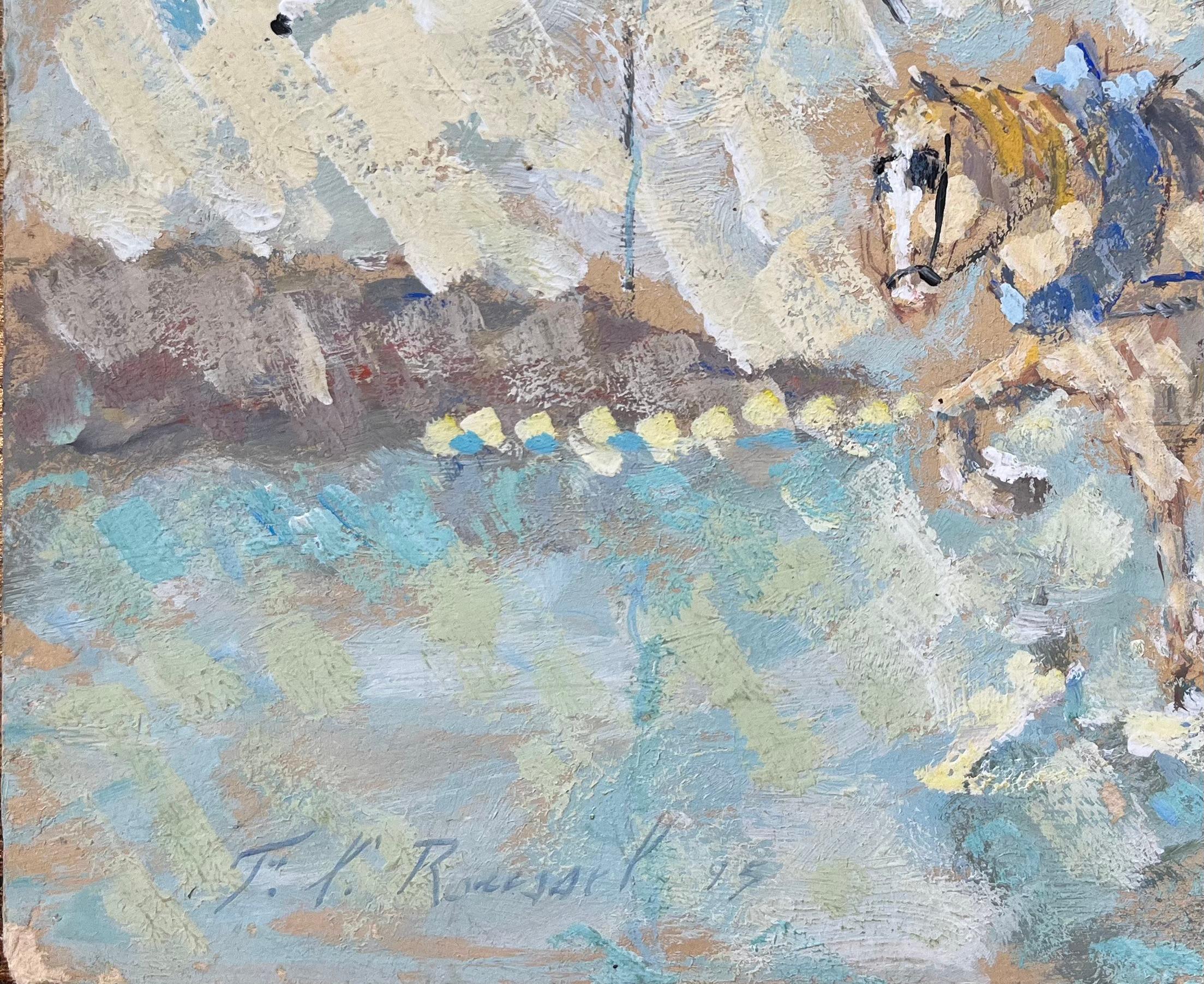 Impressionistisches Ölgemälde eines Pferdewagens mit Reiter (Grau), Figurative Painting, von F.T Roussel