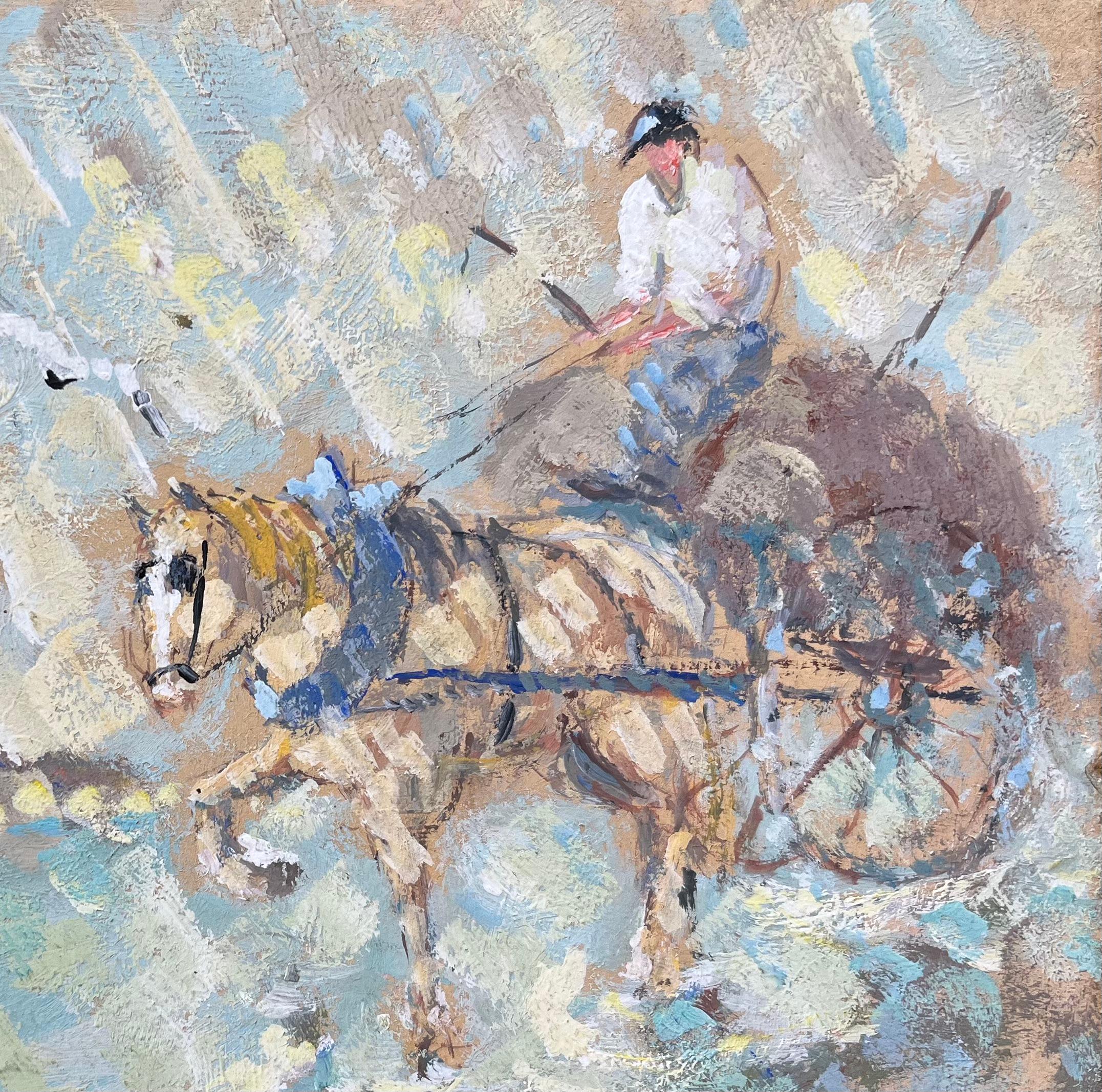 Titel: Impressionistisches Ölgemälde eines Pferdefuhrwerks mit Kutscher
Von F.T. Roussel
Größe: 7,25 x 9,5 Zoll (Höhe x Breite)
Unterschrieben: Ja
Ölgemälde auf Karton, ungerahmt
Zustand: Das Gemälde ist in gutem Zustand, mit leichten