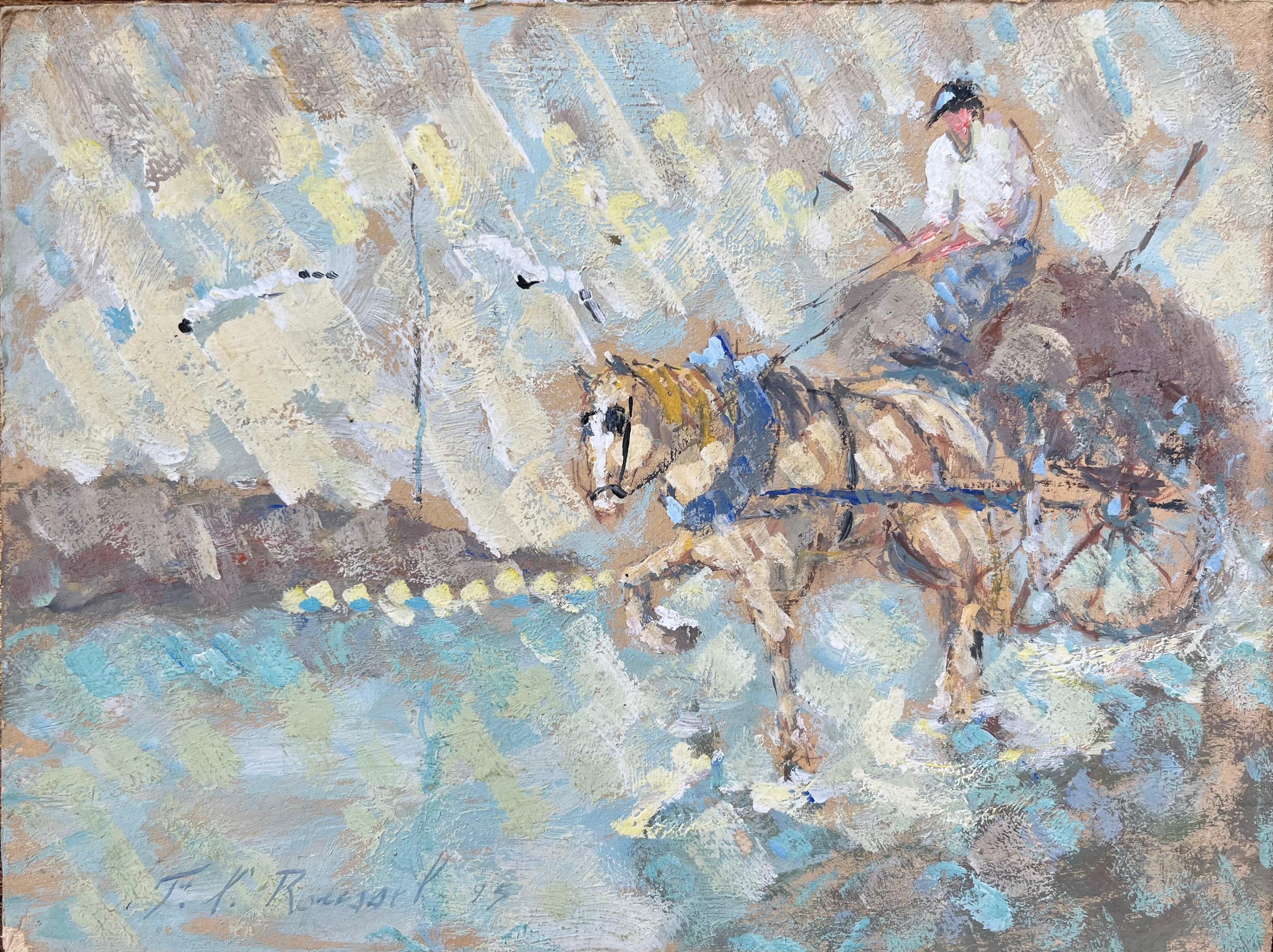 F.T Roussel Figurative Painting – Impressionistisches Ölgemälde eines Pferdewagens mit Reiter