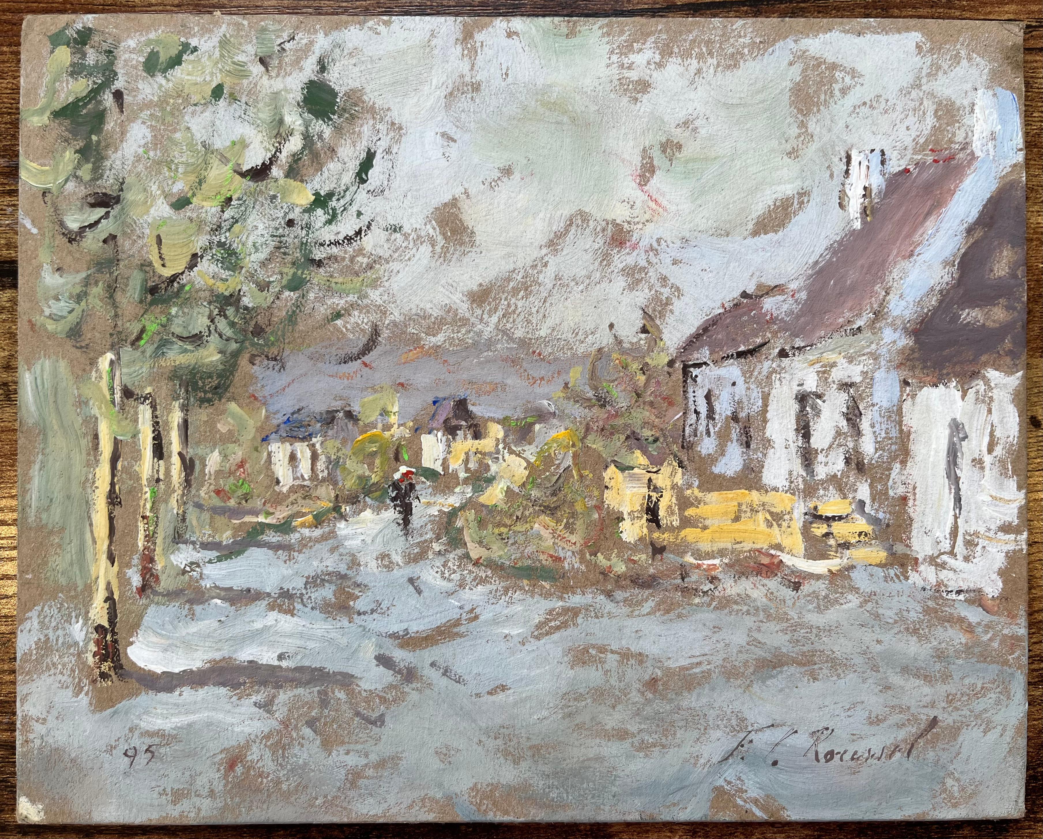 Impressionist Oil Painting of a Village Street Scene - Gray Figurative Painting by F.T Roussel