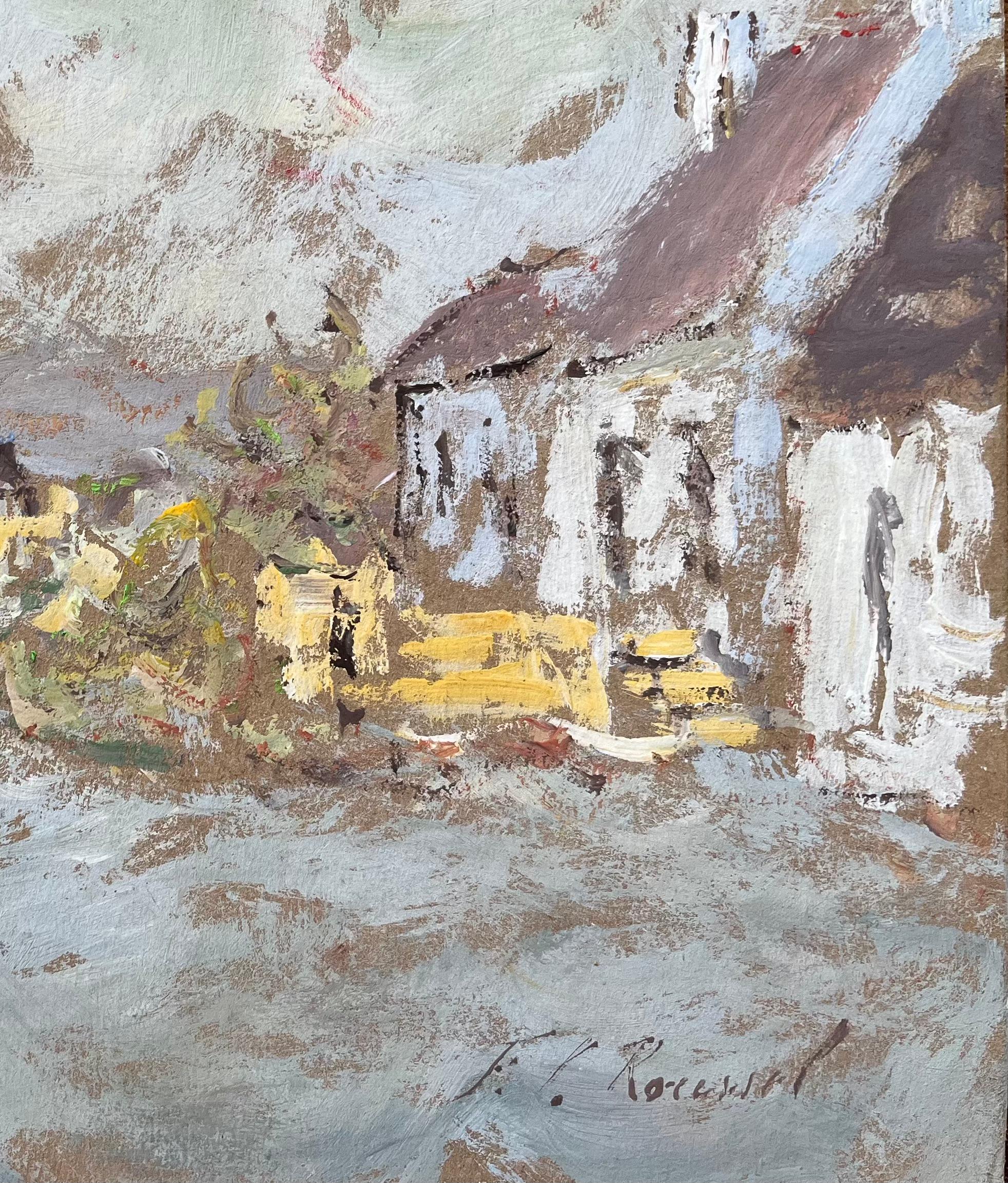 Title: Impressionist Oil Painting of a Village Street Scene
By F.T. Roussel
Size: 7.75 x 9.75 inches (height x width)
Signed: Yes
Oil painting on board, unframed
Condition: The painting is in good condition, with minor signs of aging.
Provenance: