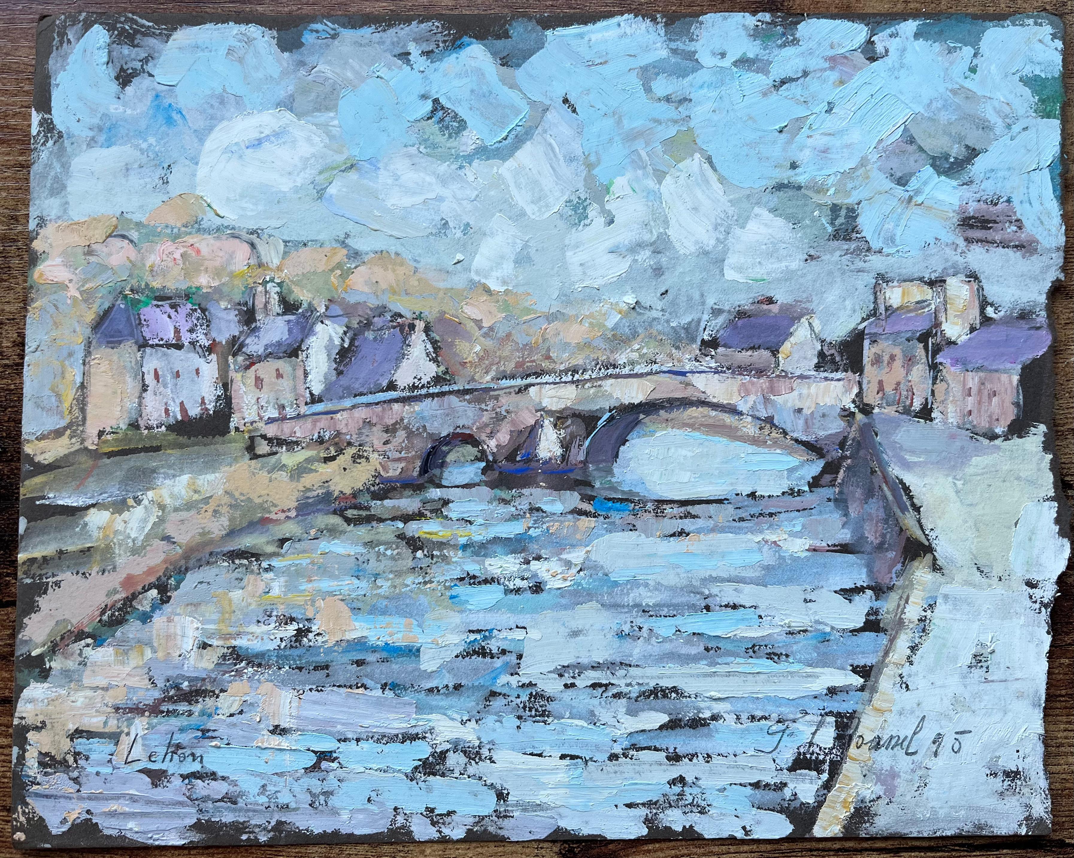 Französisches impressionistisches Ölgemälde des Impressionismus aus Lehon- Village und Steinbrücke – Painting von F.T Roussel
