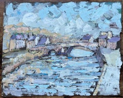 French Impressionist Oil Painting of Lehon Village and Stone Bridge