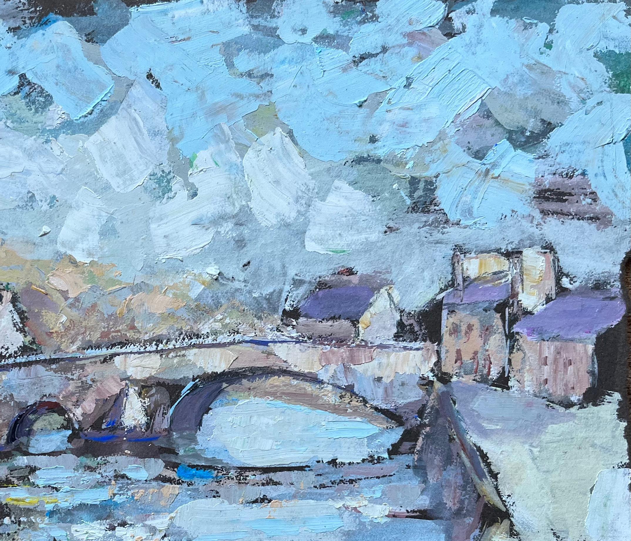 Titel: Französischer Impressionist Ölgemälde von Lehon Dorf und Steinbrücke
Von F.T. Roussel
Größe: 8,75 x 11 Zoll (Höhe x Breite)
Unterschrieben: Ja
Aquarell auf Papier, ungerahmt
Zustand: Das Gemälde ist in gutem Zustand, mit leichten