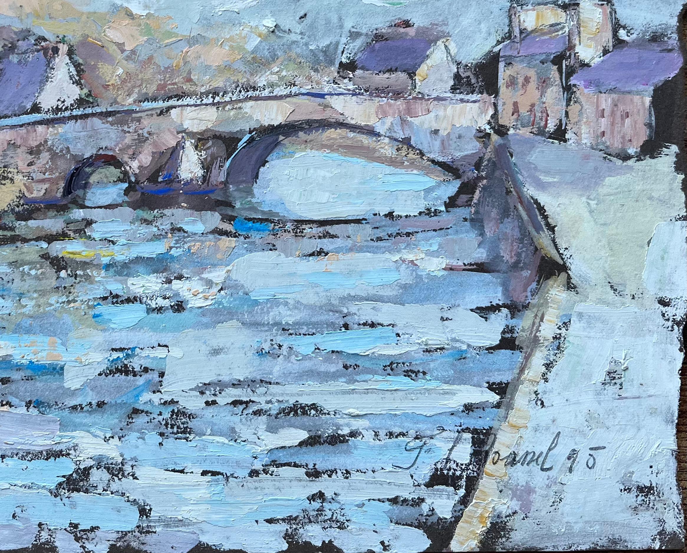 Französisches impressionistisches Ölgemälde des Impressionismus aus Lehon- Village und Steinbrücke im Angebot 1