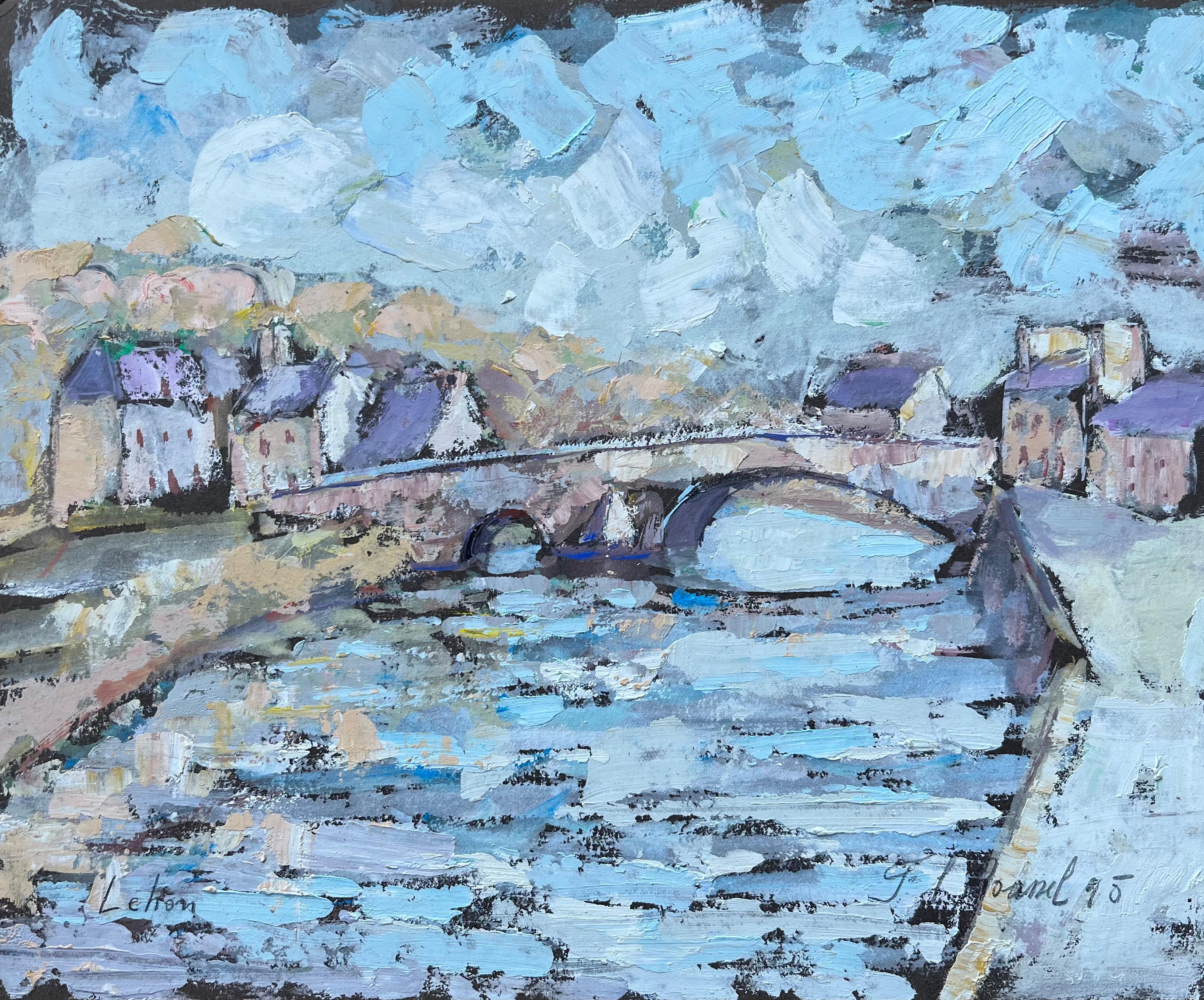 Peinture à l'huile impressionniste française du village de Lehon et du pont en pierre
