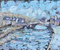 French Impressionist Oil Painting of Lehon Village and Stone Bridge