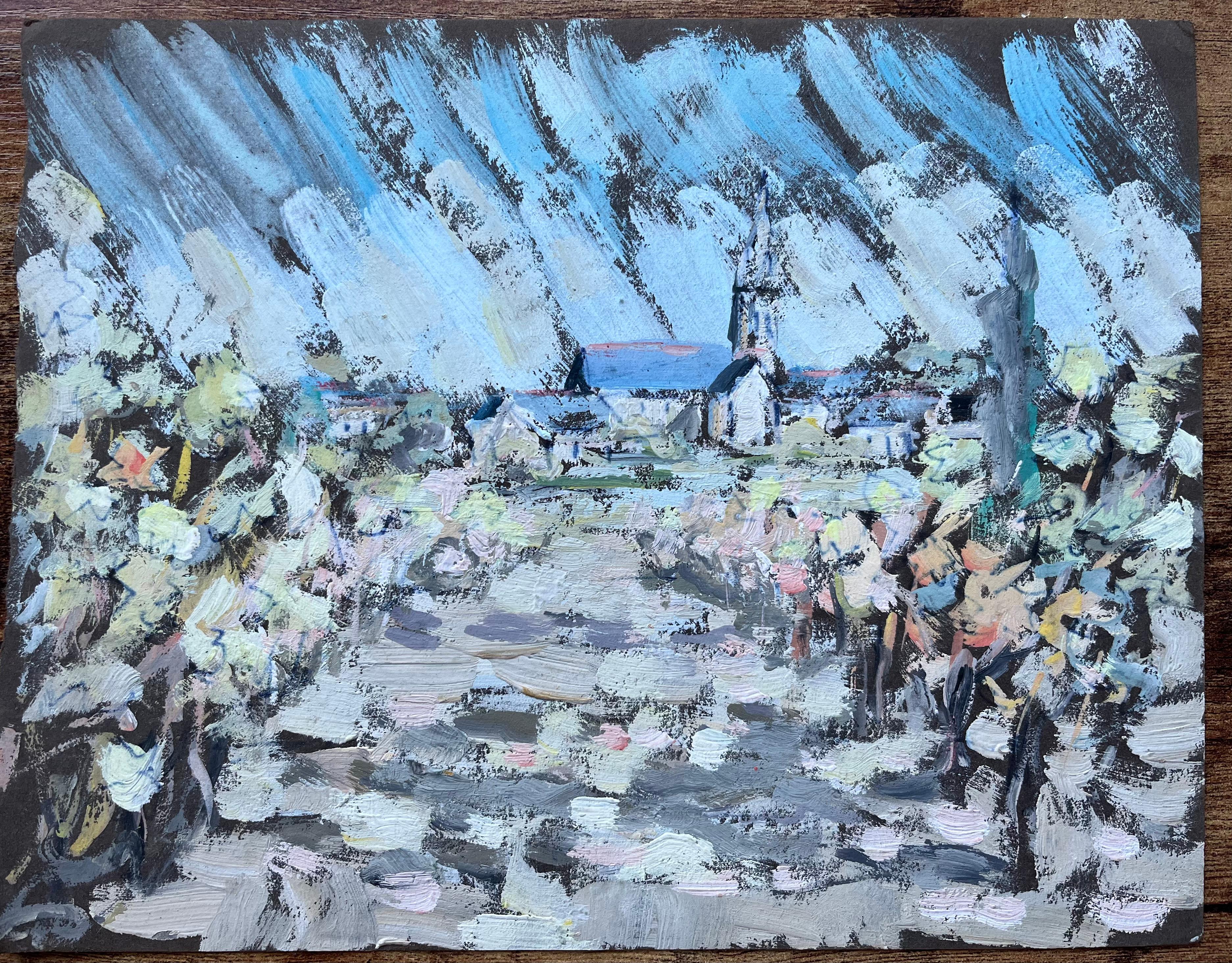 French Impressionist Oil Painting of Village Church and Floral Pathway - Blue Figurative Painting by F.T Roussel