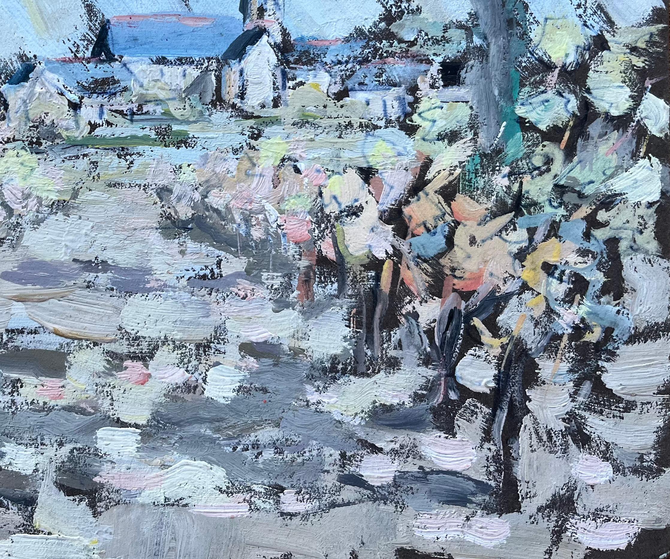 French Impressionist Oil Painting of Village Church and Floral Pathway For Sale 2
