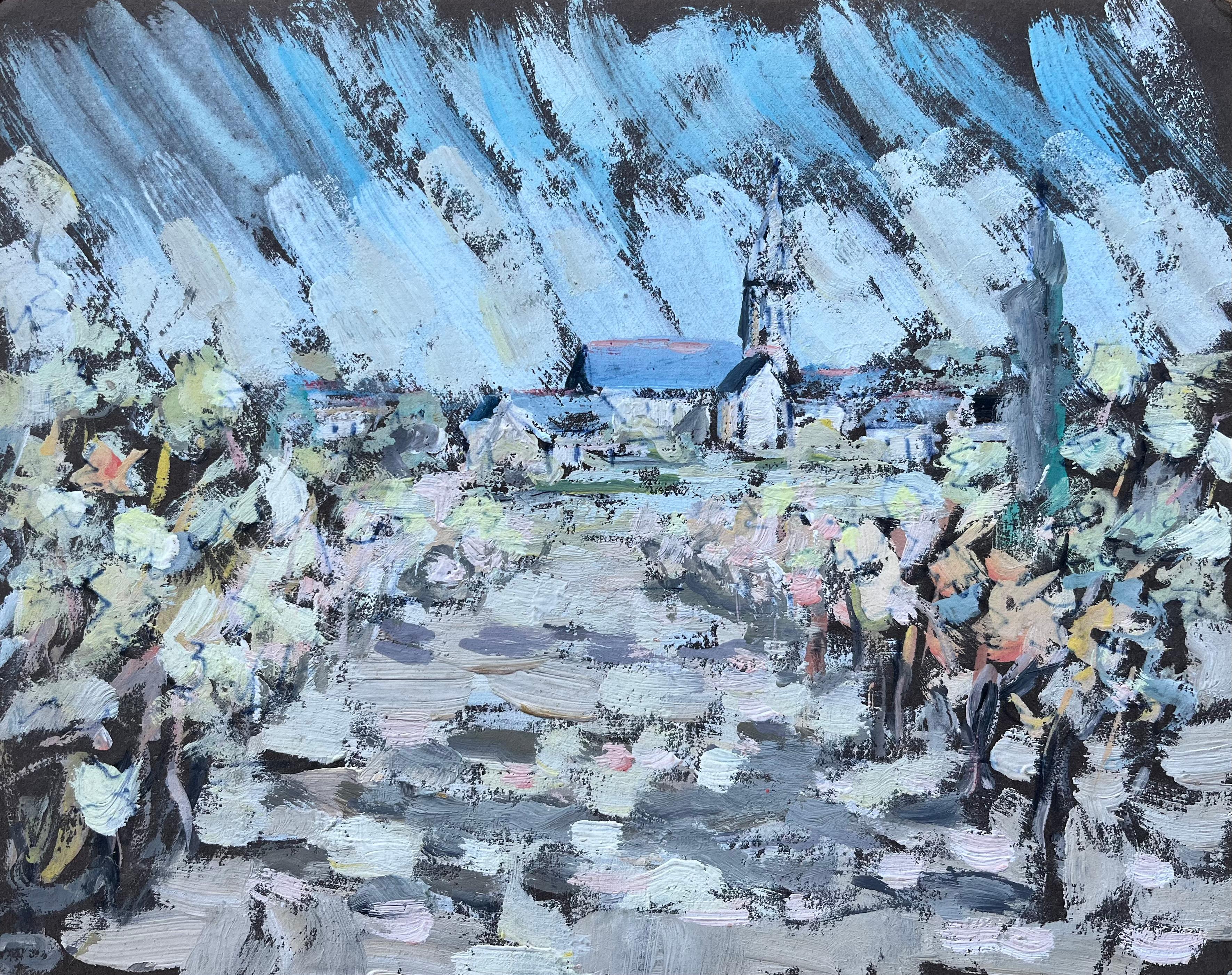 F.T Roussel Figurative Painting - French Impressionist Oil Painting of Village Church and Floral Pathway