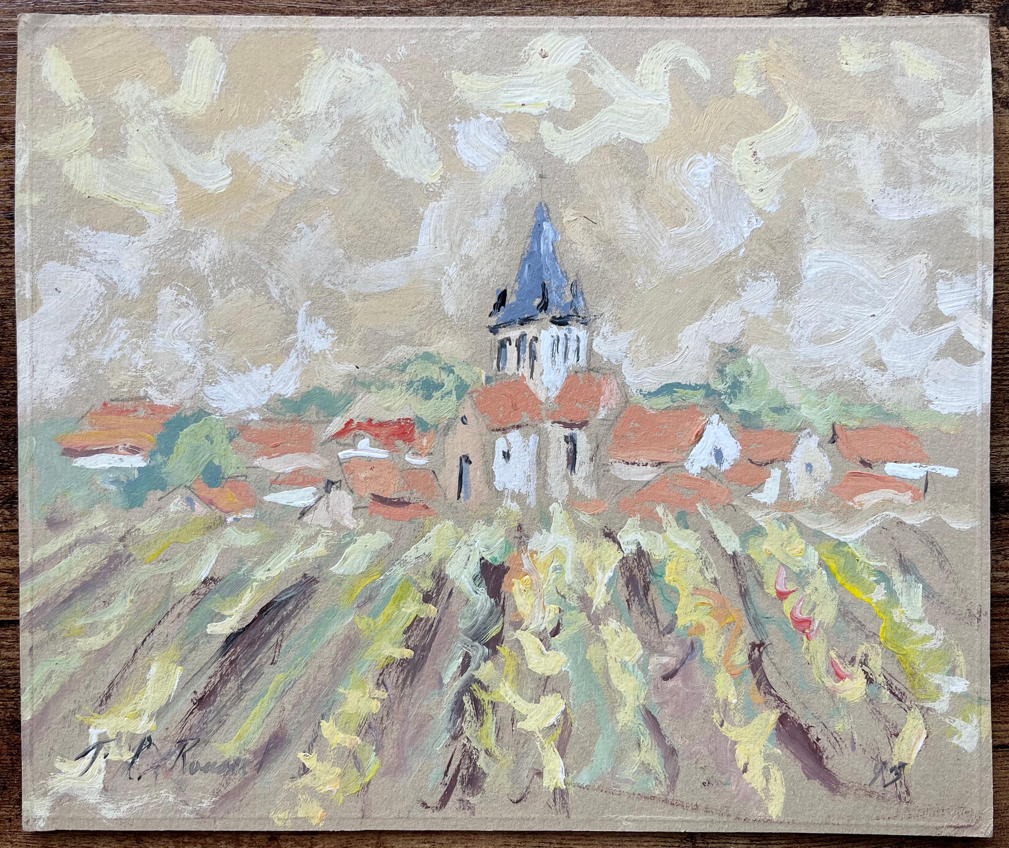 French Impressionist Oil Painting of Village Church and Vineyards - Gray Figurative Painting by F.T Roussel