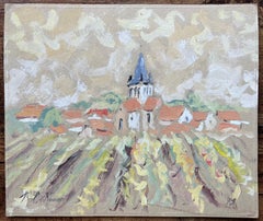 French Impressionist Oil Painting of Village Church and Vineyards
