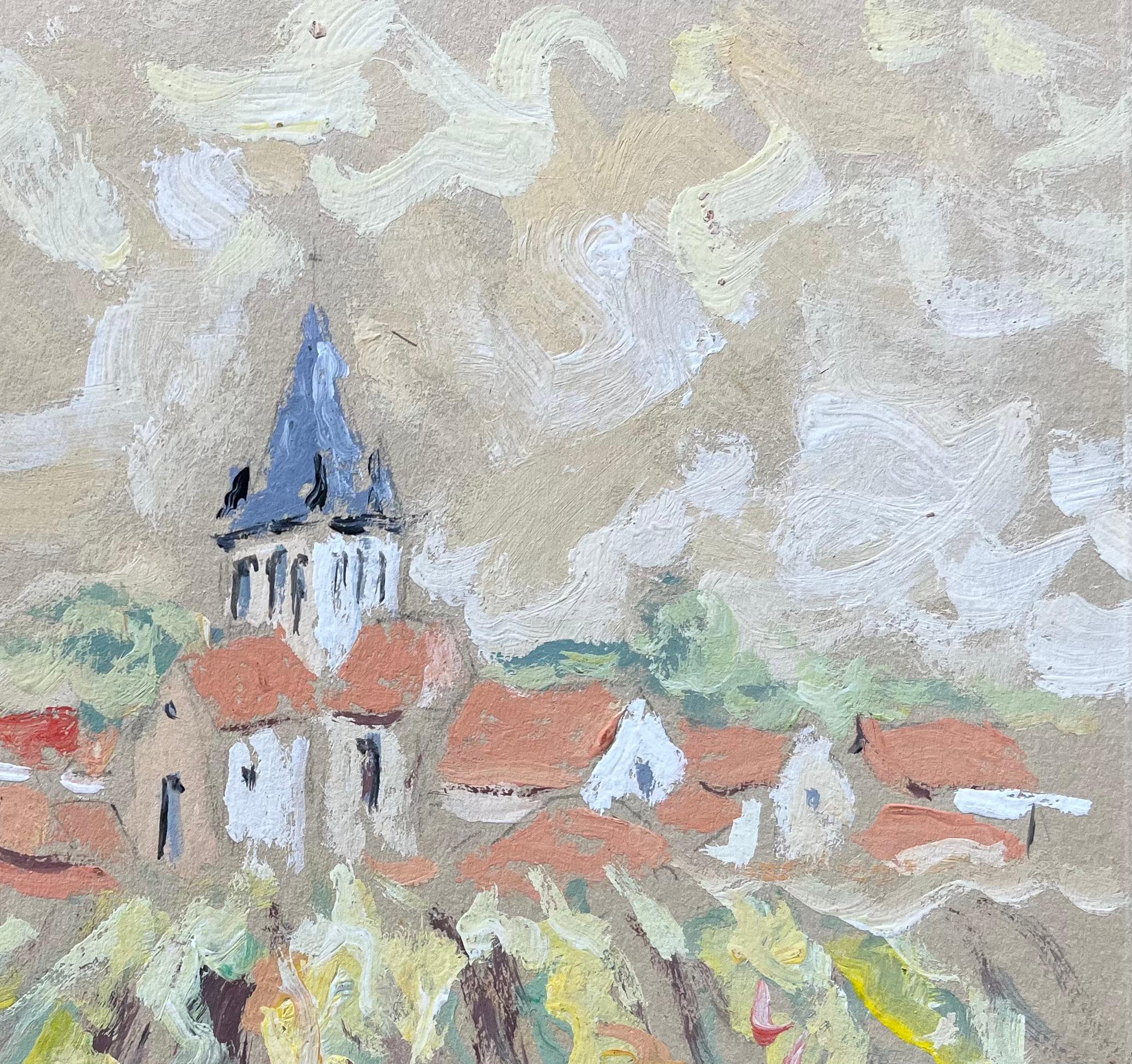 Title: French Impressionist Oil Painting of Village Church and Vineyards
By F.T. Roussel
Signed: yes
Size: 8.75 x 10.25 inches (height x width)
Oil painting on cardboard, unframed
Condition: The painting is in good condition with expressive texture