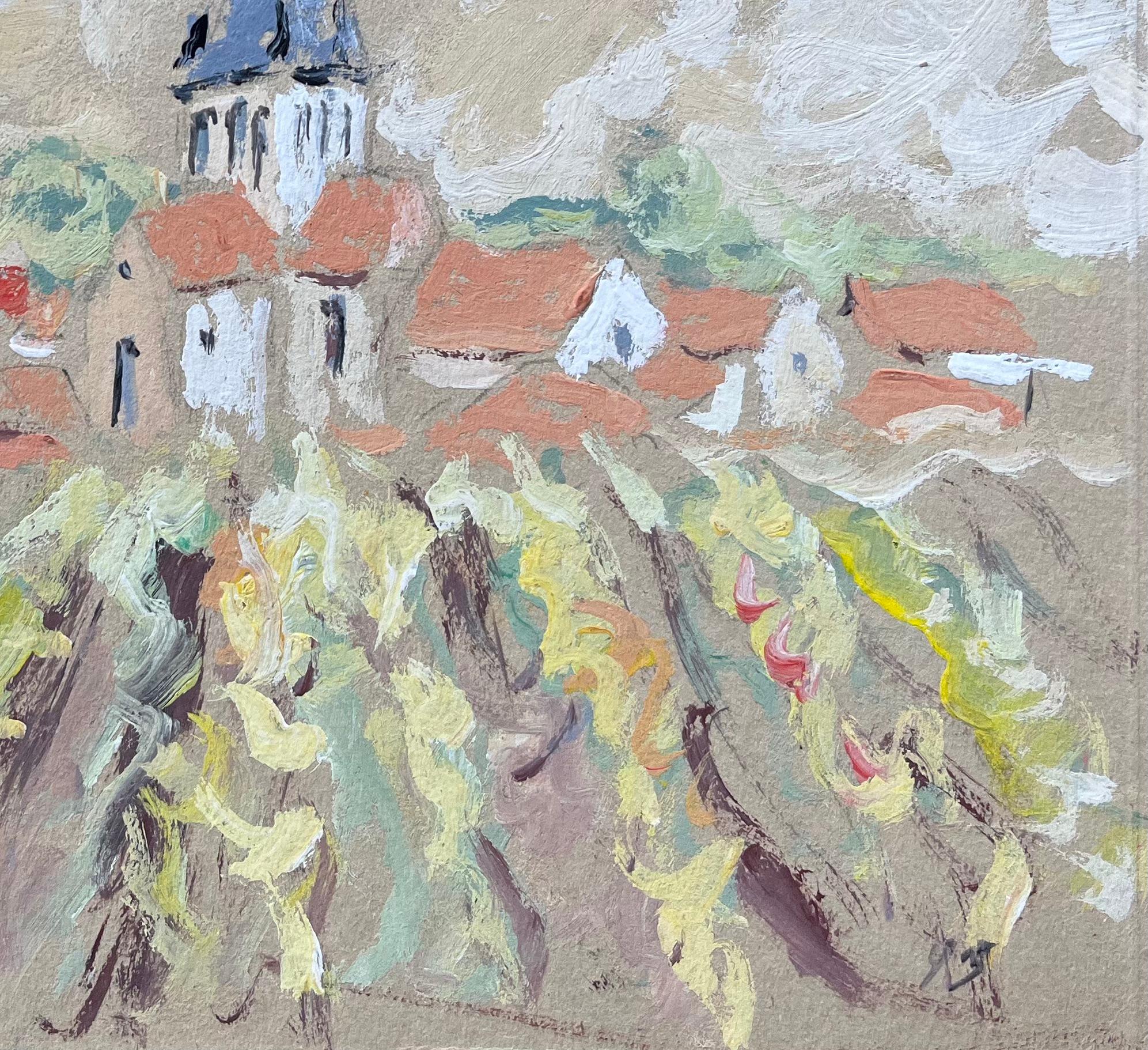 French Impressionist Oil Painting of Village Church and Vineyards For Sale 1