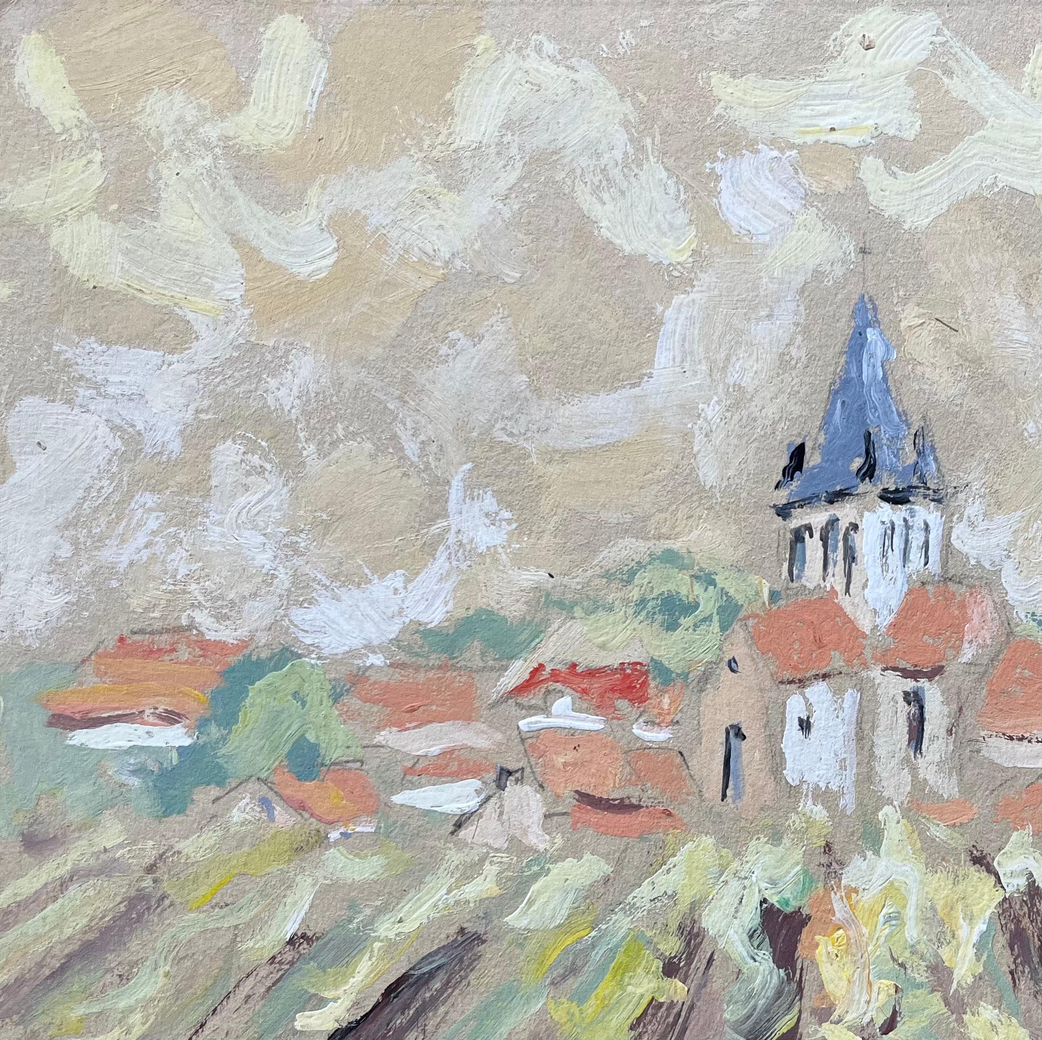 French Impressionist Oil Painting of Village Church and Vineyards For Sale 2
