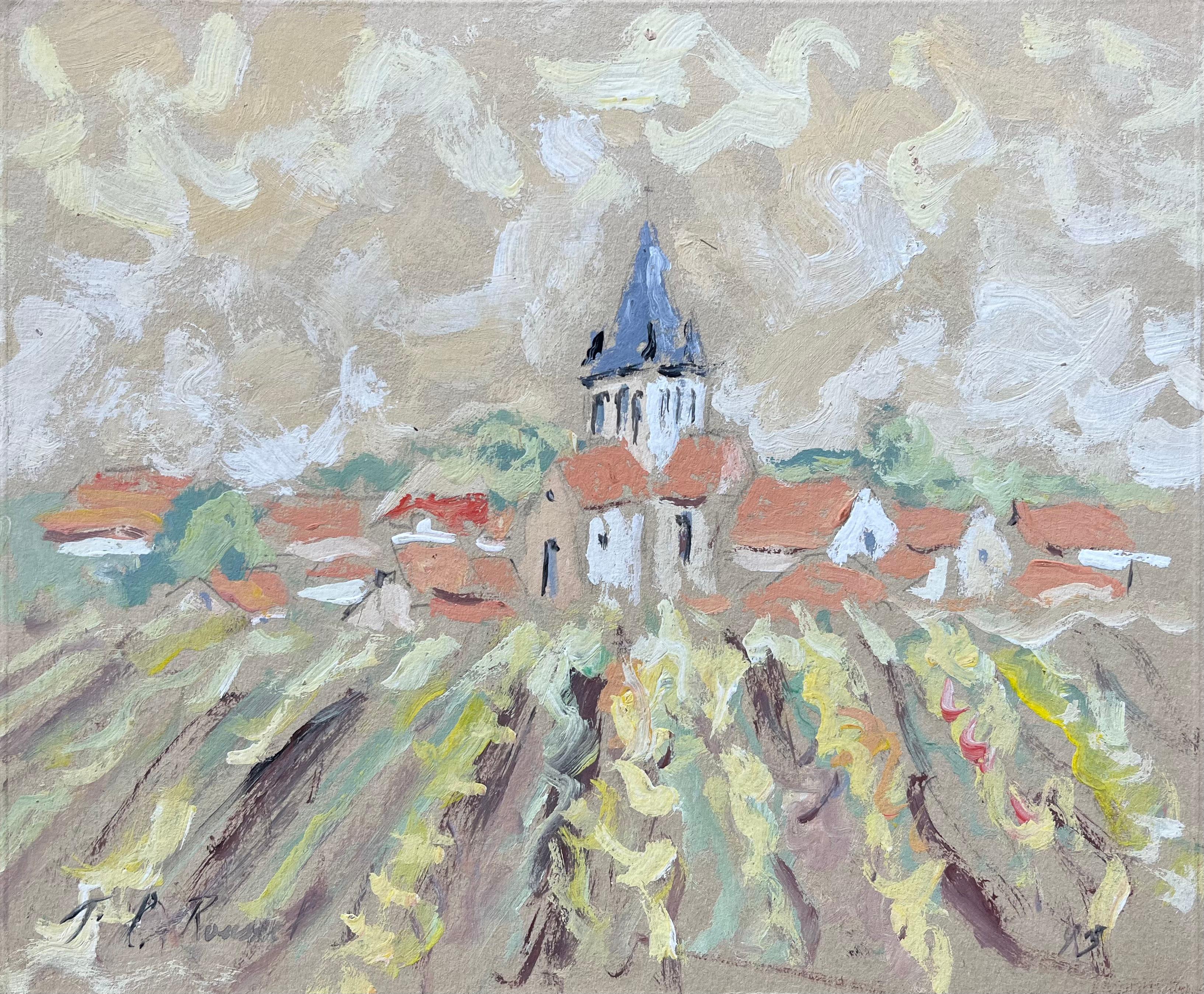 F.T Roussel Figurative Painting - French Impressionist Oil Painting of Village Church and Vineyards