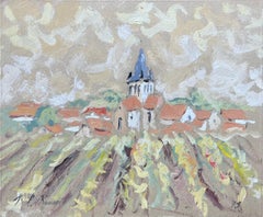French Impressionist Oil Painting of Village Church and Vineyards