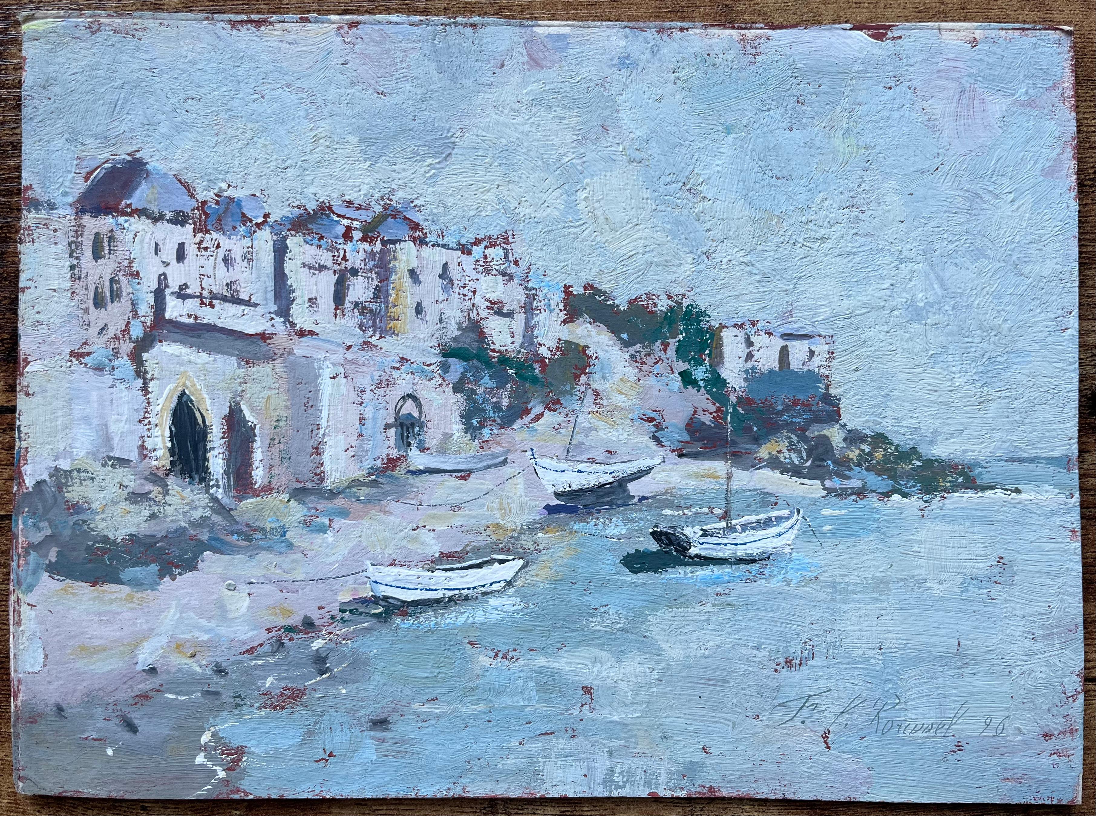 Französischer Impressionismus am Meer mit Booten und Klippenkapelle – Painting von F.T Roussel