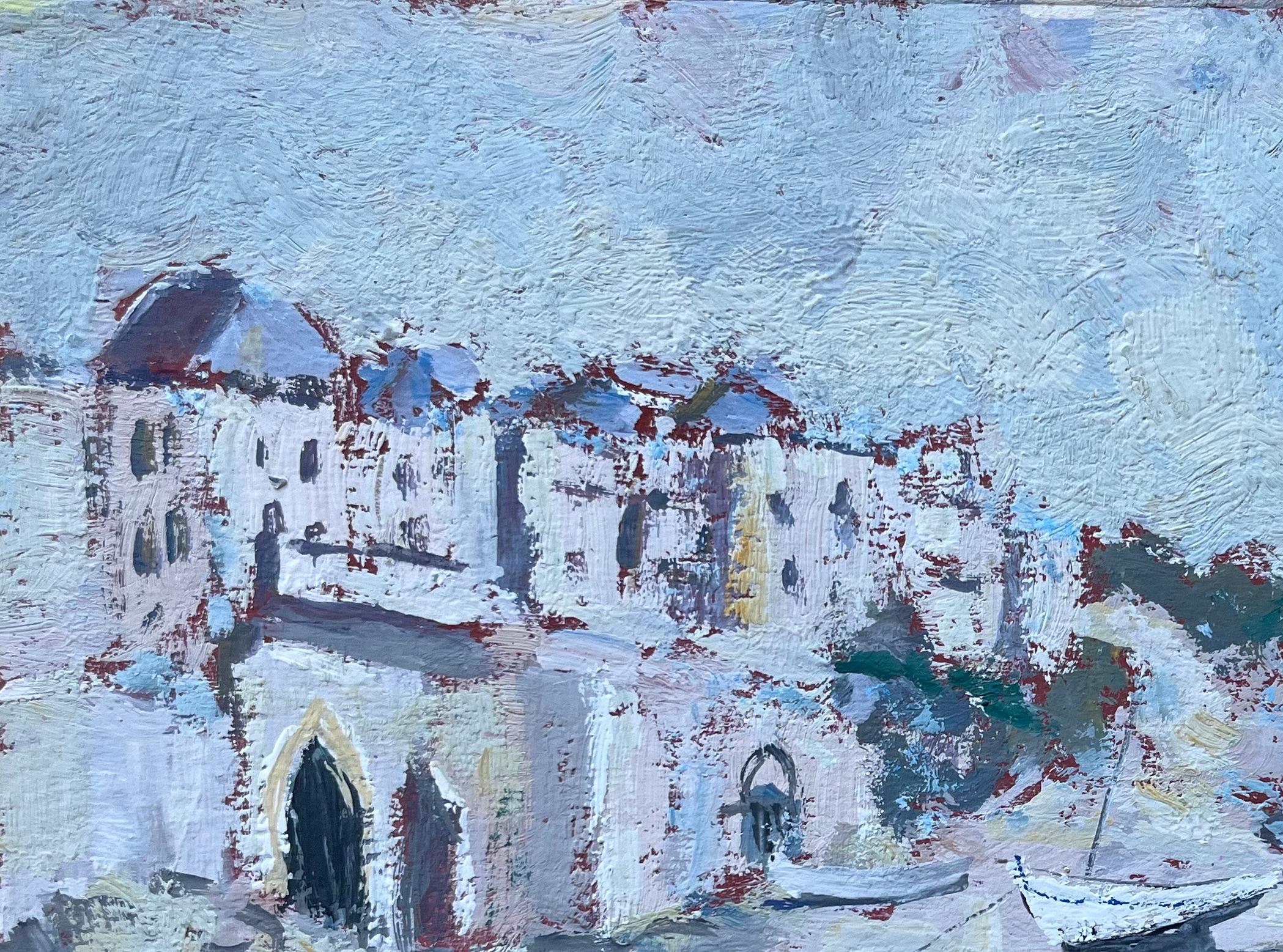 Französischer Impressionismus am Meer mit Booten und Klippenkapelle (Blau), Figurative Painting, von F.T Roussel