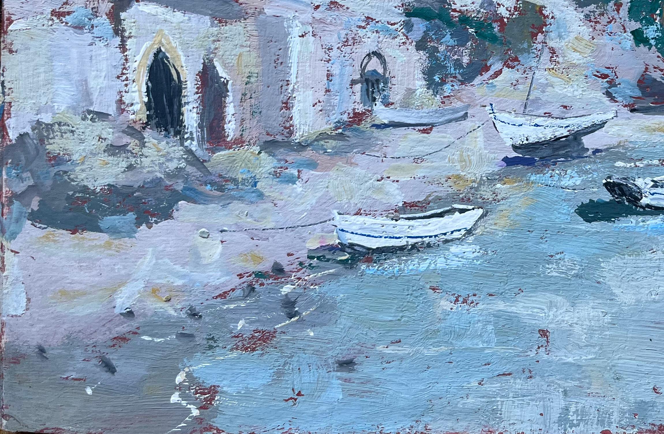 Titel: Französischer Impressionismus mit Meerblick, Booten und Felsenkapelle
Von F.T. Roussel
Unterzeichnet: ja
Größe: 7,25 x 9,75 Zoll (Höhe x Breite)
Ölgemälde auf Karton, ungerahmt
Zustand: Das Gemälde ist in gutem Zustand mit ausdrucksstarker