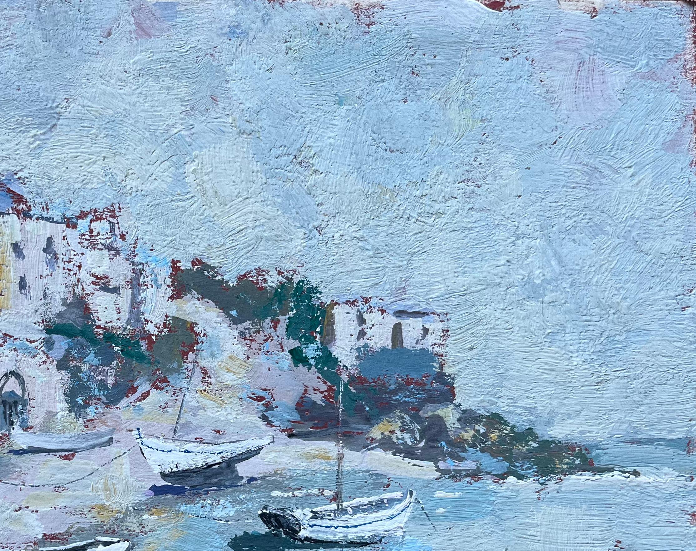 Französischer Impressionismus am Meer mit Booten und Klippenkapelle im Angebot 2