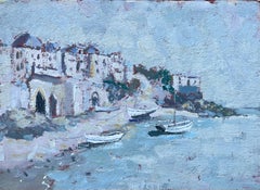 French Impressionist Seaside View with Boats and Cliffside Chapel