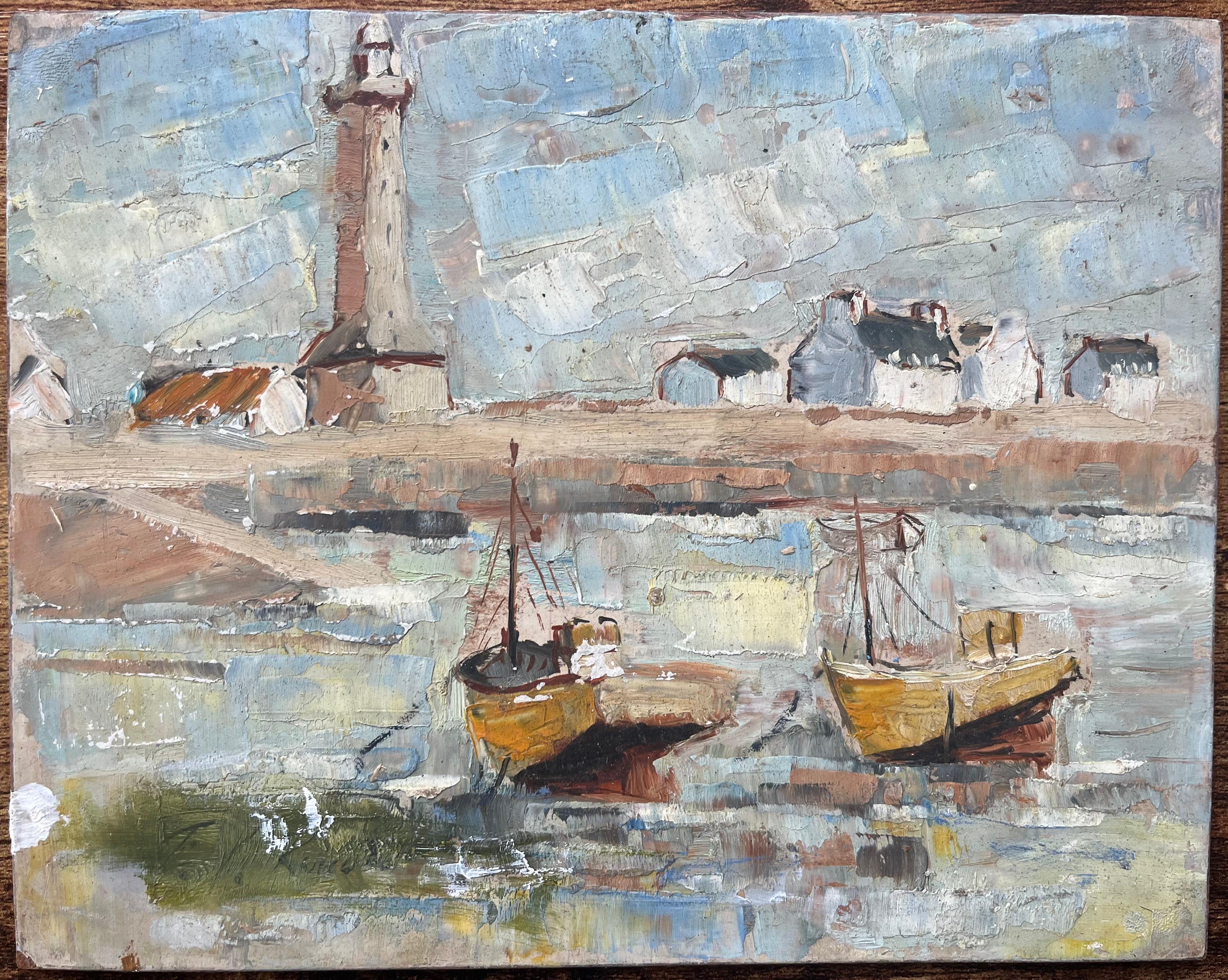 French Mid-Century Oil Painting of Fishing Boats and Lighthouse - Gray Landscape Painting by F.T Roussel
