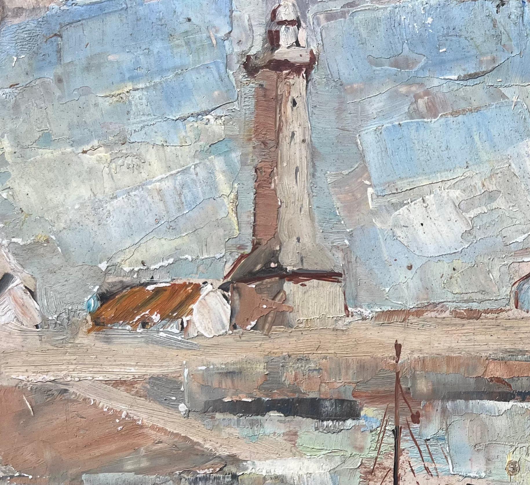Title: French Mid-Century Oil Painting of Fishing Boats and Lighthouse
By F.T. Roussel
Size: 6.75 x 8.75 inches (height x width)
Signed: Yes
Oil painting on board, unframed
Condition: The painting is in good condition, with minor signs of