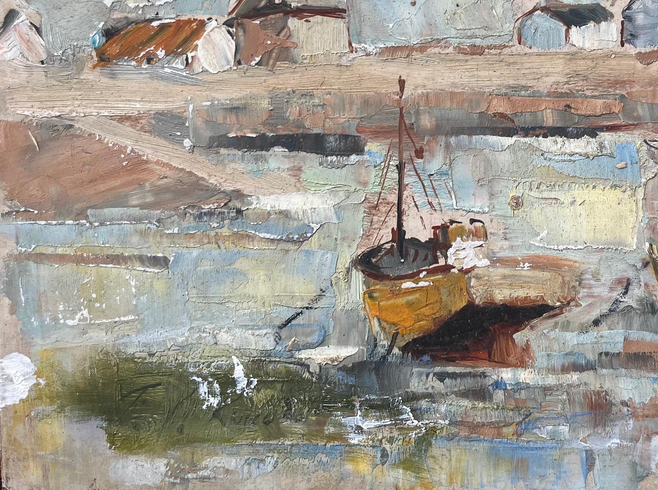 French Mid-Century Oil Painting of Fishing Boats and Lighthouse For Sale 1