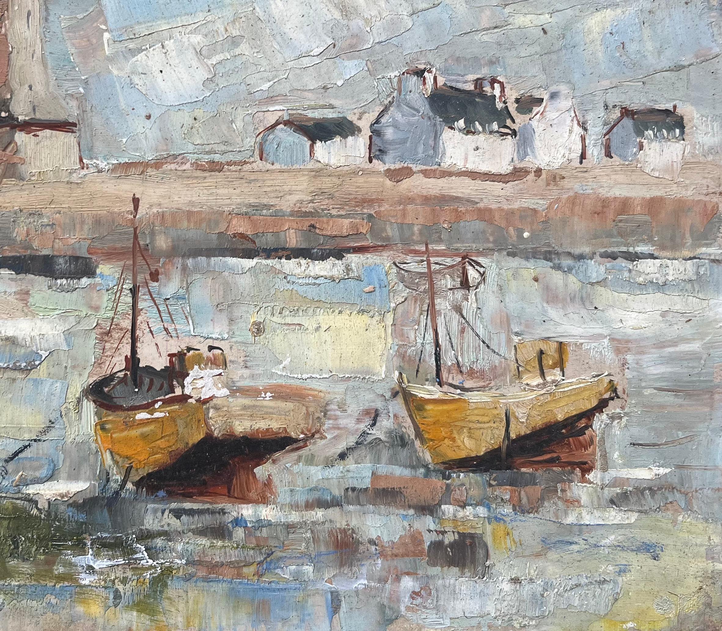 French Mid-Century Oil Painting of Fishing Boats and Lighthouse For Sale 2