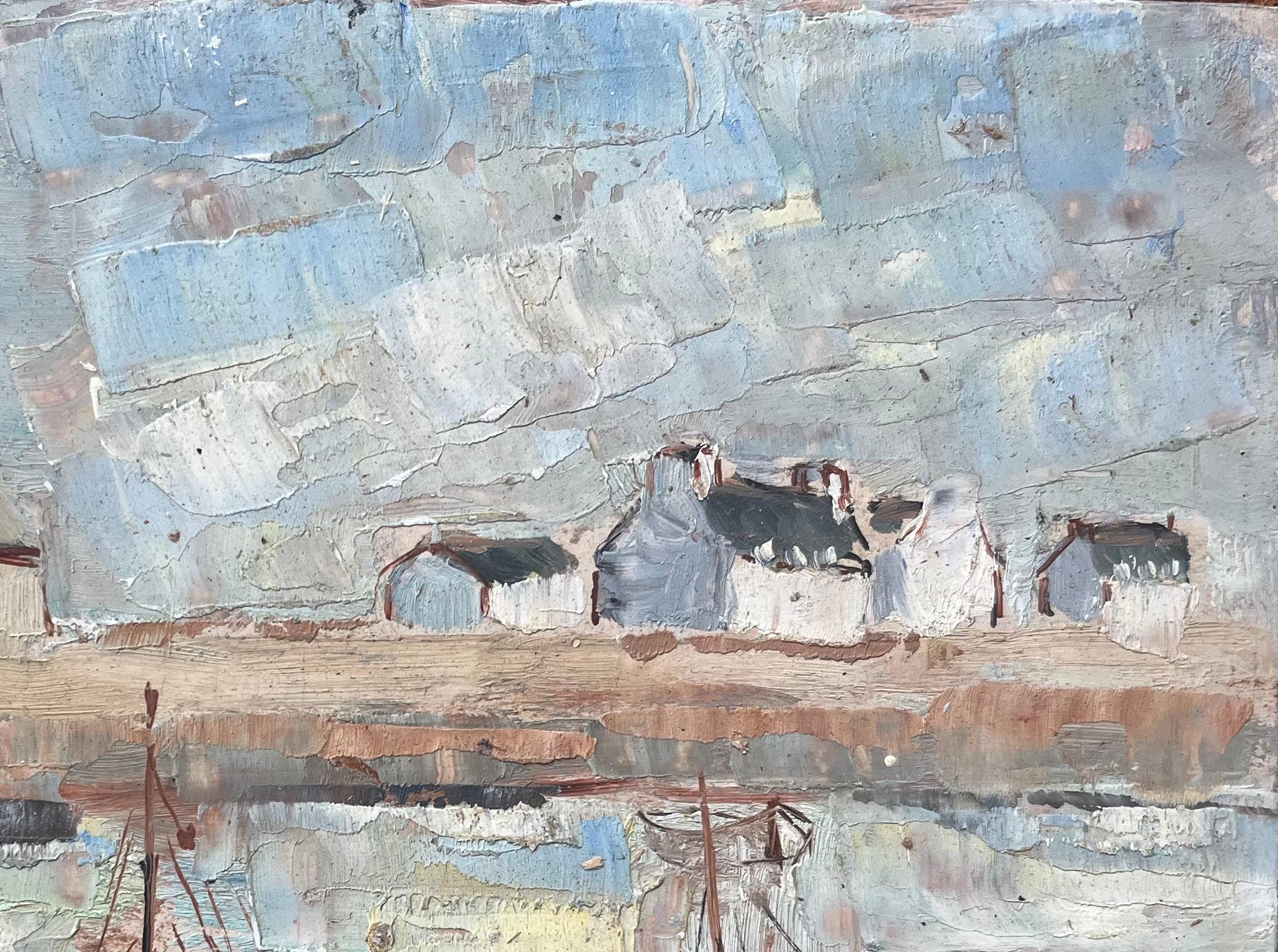 French Mid-Century Oil Painting of Fishing Boats and Lighthouse For Sale 3