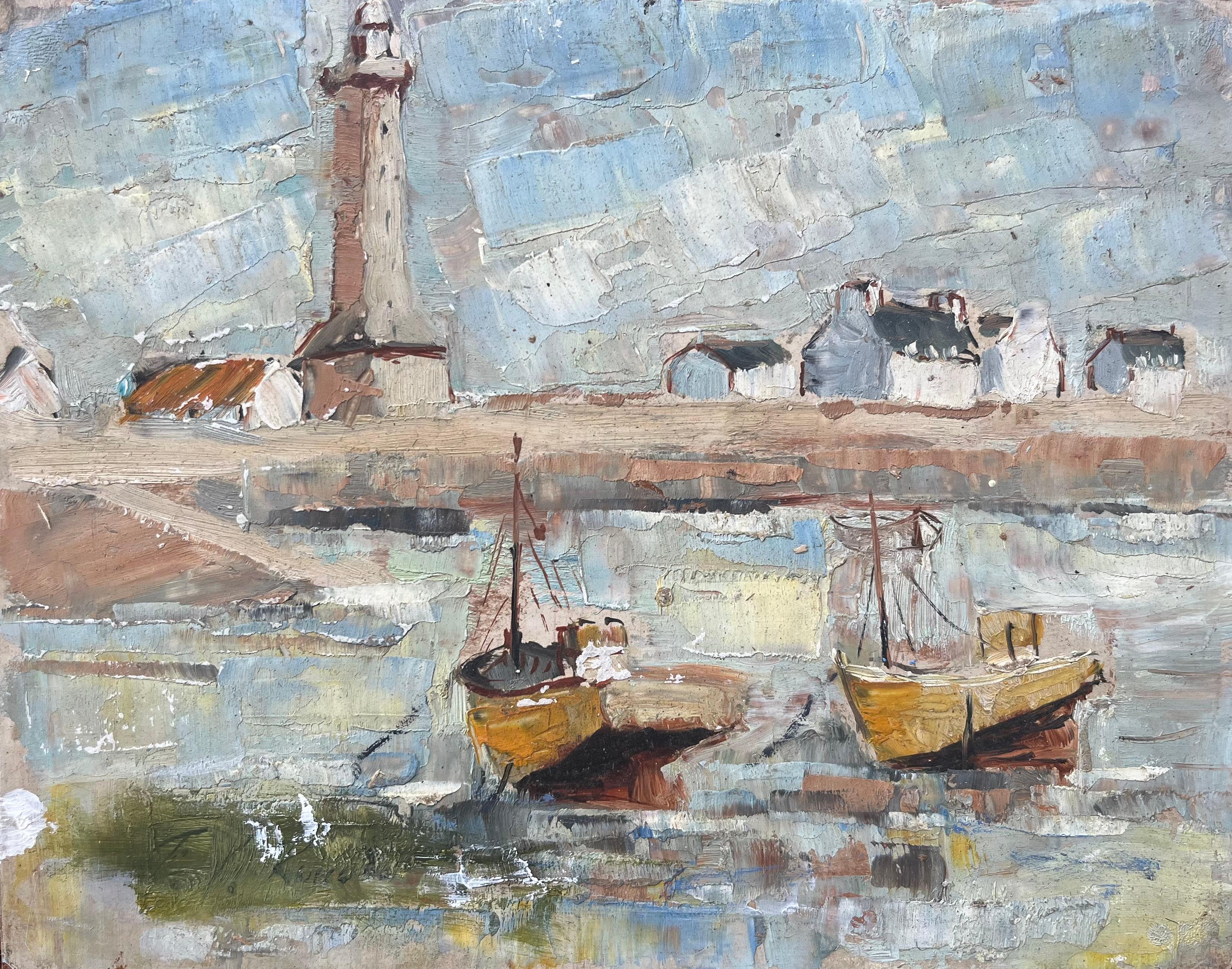 F.T Roussel Landscape Painting - French Mid-Century Oil Painting of Fishing Boats and Lighthouse
