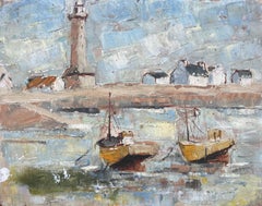 French Mid-Century Oil Painting of Fishing Boats and Lighthouse