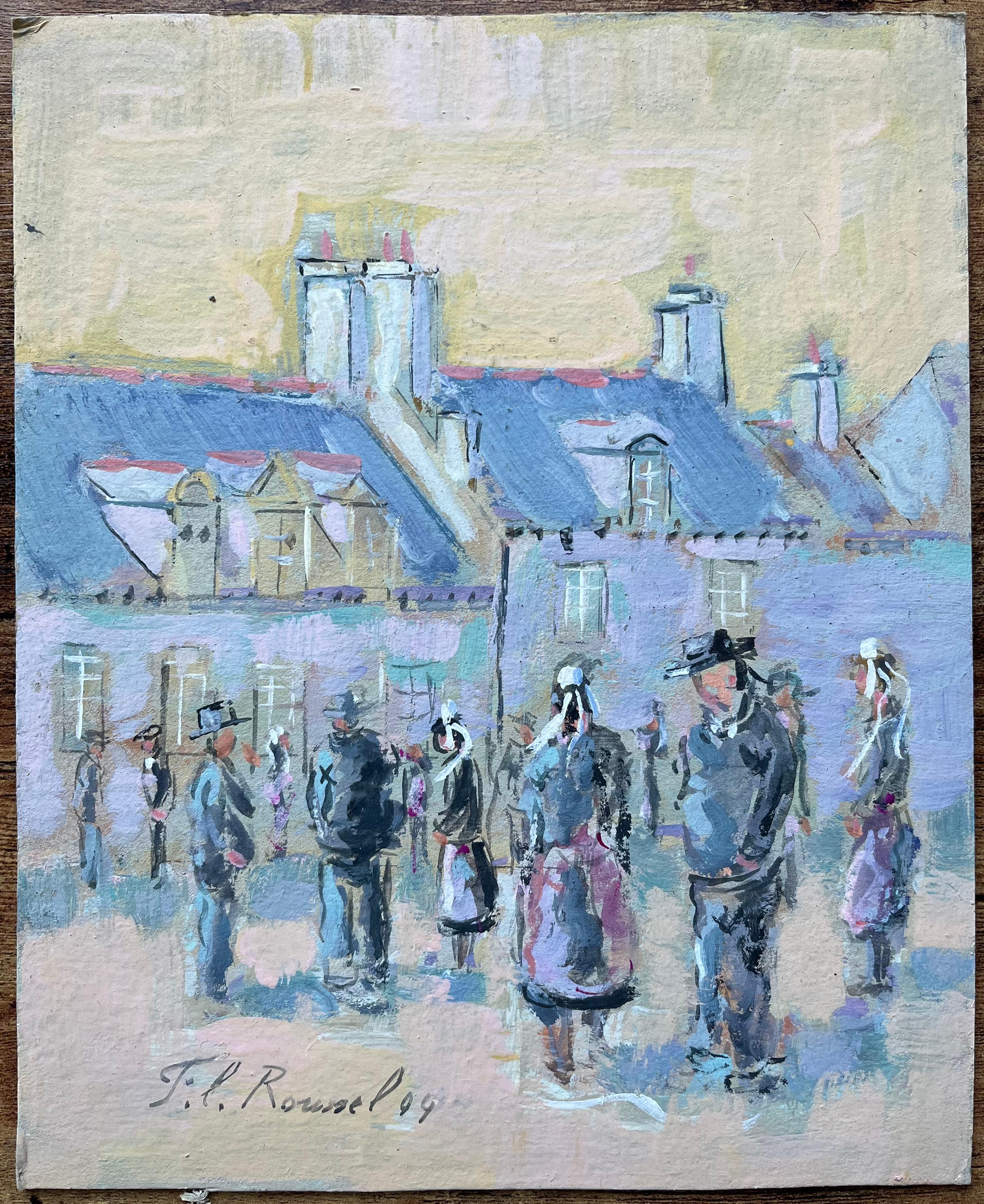 Scène de rassemblement dans un village français avec personnages bretons et toits d'ardoise - Painting de F.T Roussel