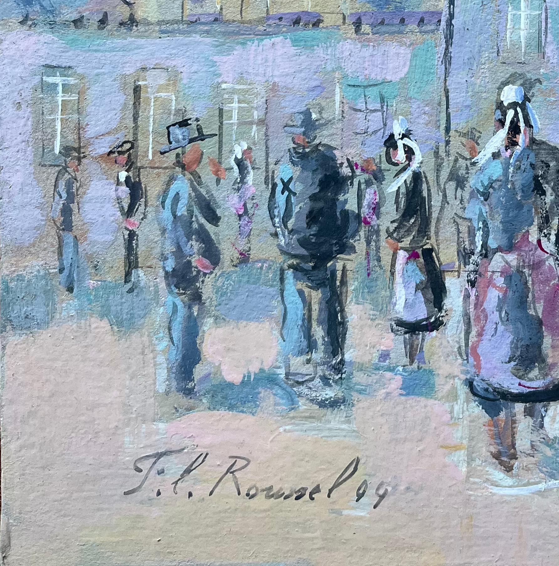 Scène de rassemblement dans un village français avec personnages bretons et toits d'ardoise - Gris Figurative Painting par F.T Roussel