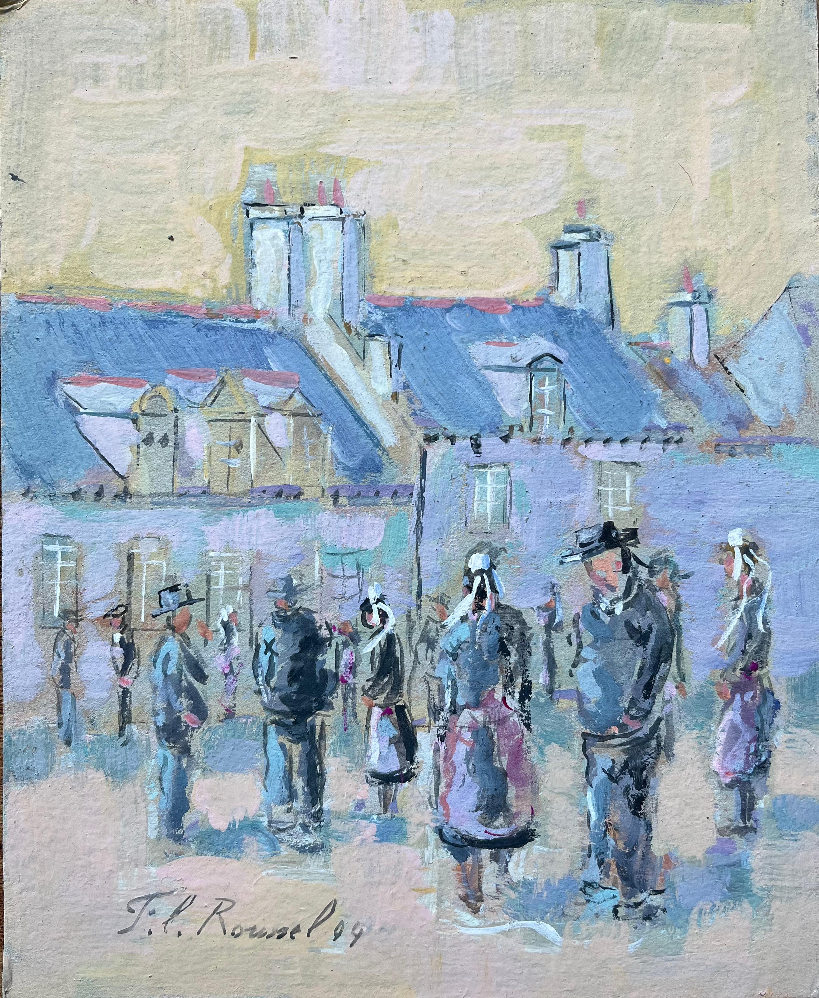 Figurative Painting F.T Roussel - Scène de rassemblement dans un village français avec personnages bretons et toits d'ardoise