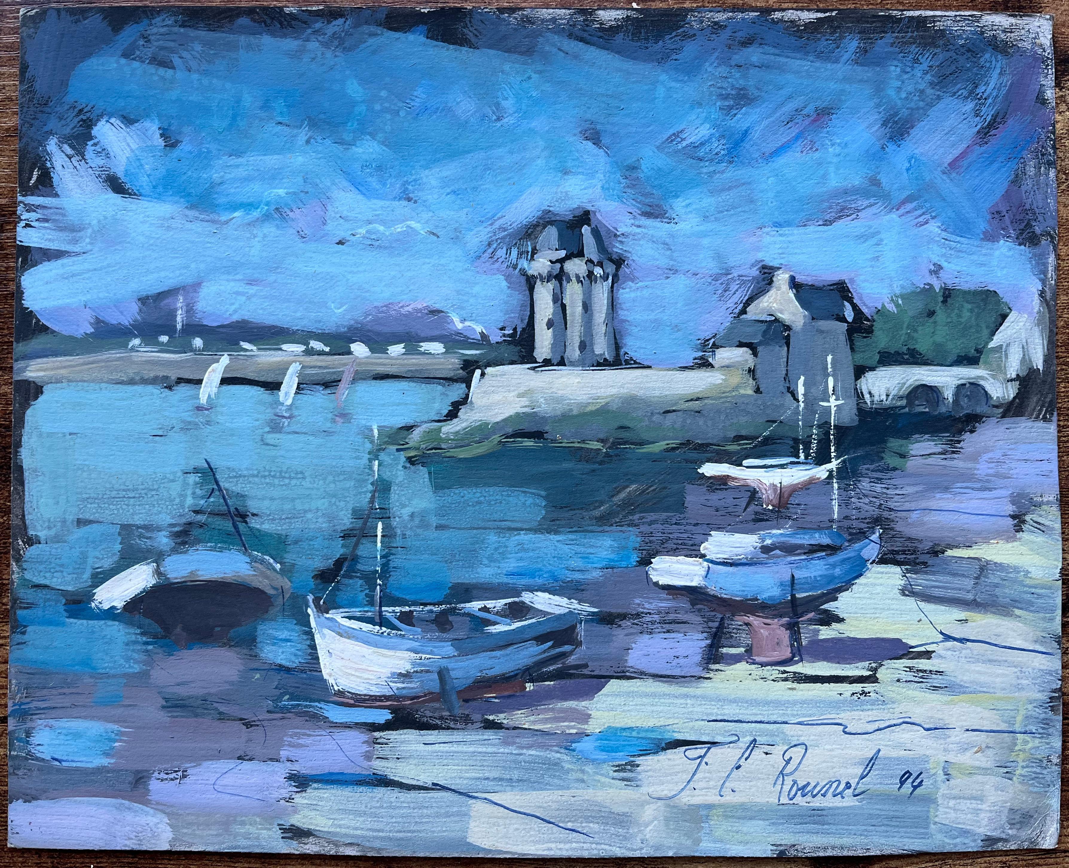 French Vivid Coastal Oil Painting of Sailboats and Stone Tower - Blue Figurative Painting by F.T Roussel