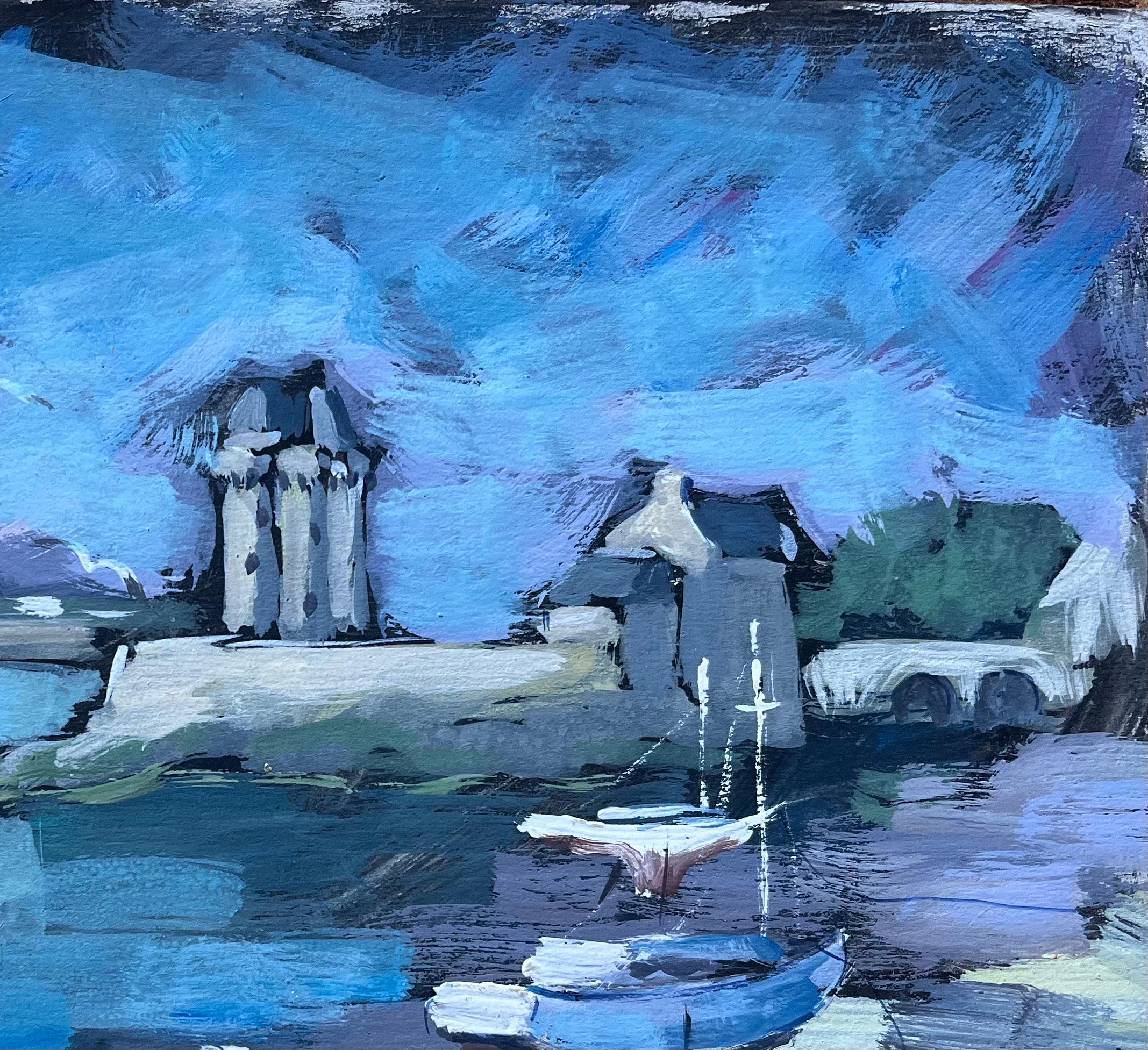 Title: French Vivid Coastal Oil Painting of Sailboats and Stone Tower
By F.T. Roussel
Size: 8.75 x 10.75 inches (height x width)
Signed: Yes
Oil painting on cardboard, unframed
Condition: The painting is in good condition, with minor signs of