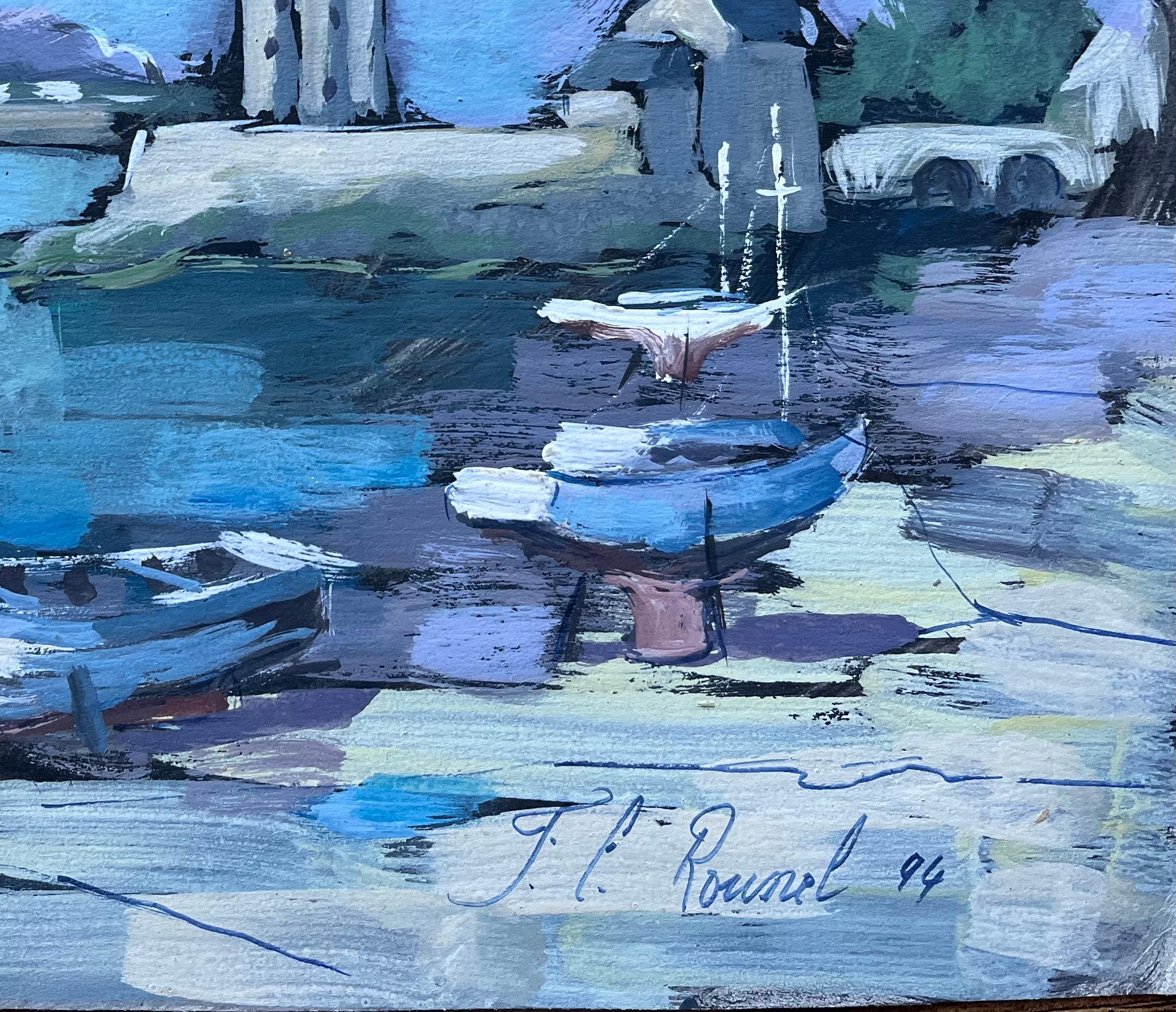 French Vivid Coastal Oil Painting of Sailboats and Stone Tower For Sale 1