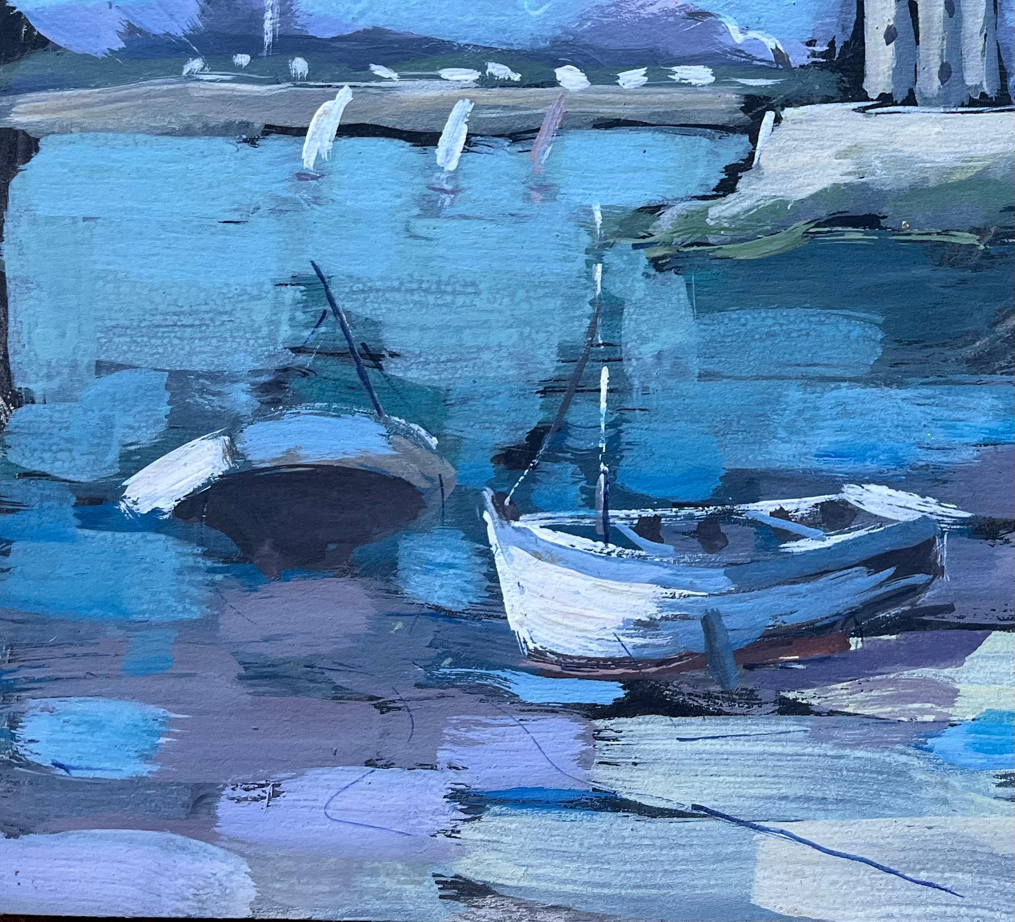 French Vivid Coastal Oil Painting of Sailboats and Stone Tower For Sale 2