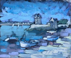 French Vivid Coastal Oil Painting of Sailboats and Stone Tower