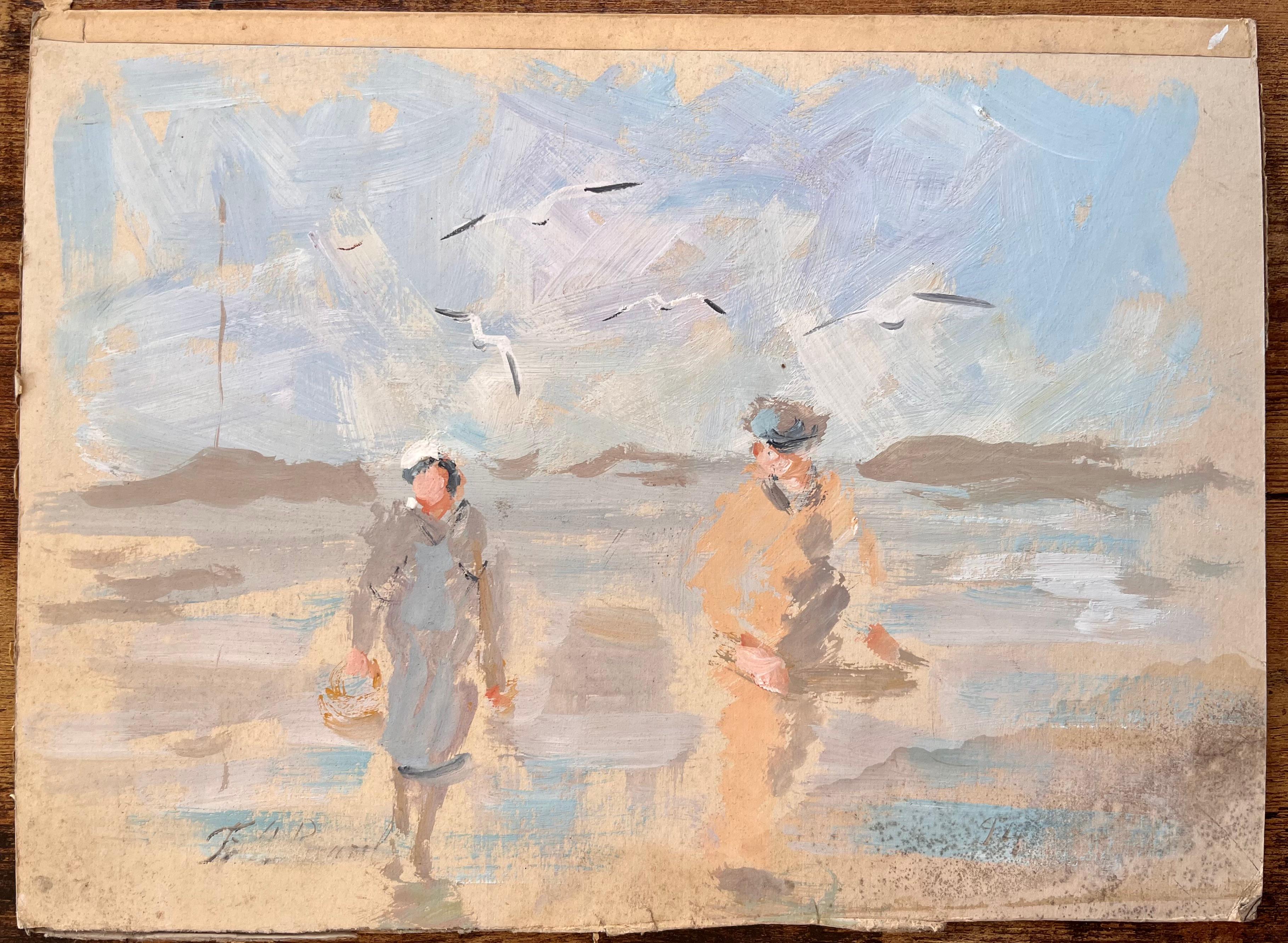 Impressionistische Strandszene mit Fischer und Frau unter Möwen – Painting von F.T Roussel