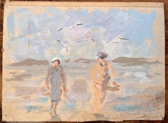 Impressionist Beach Scene with Fisherman and Woman Walking Under Seagulls
