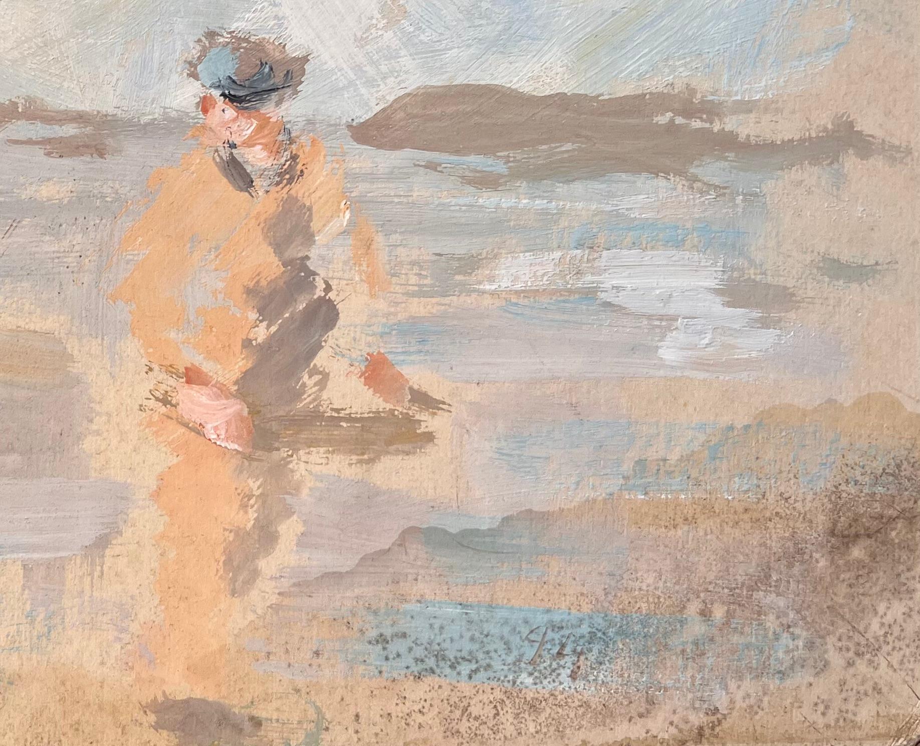 Impressionistische Strandszene mit Fischer und Frau unter Möwen (Impressionismus), Painting, von F.T Roussel