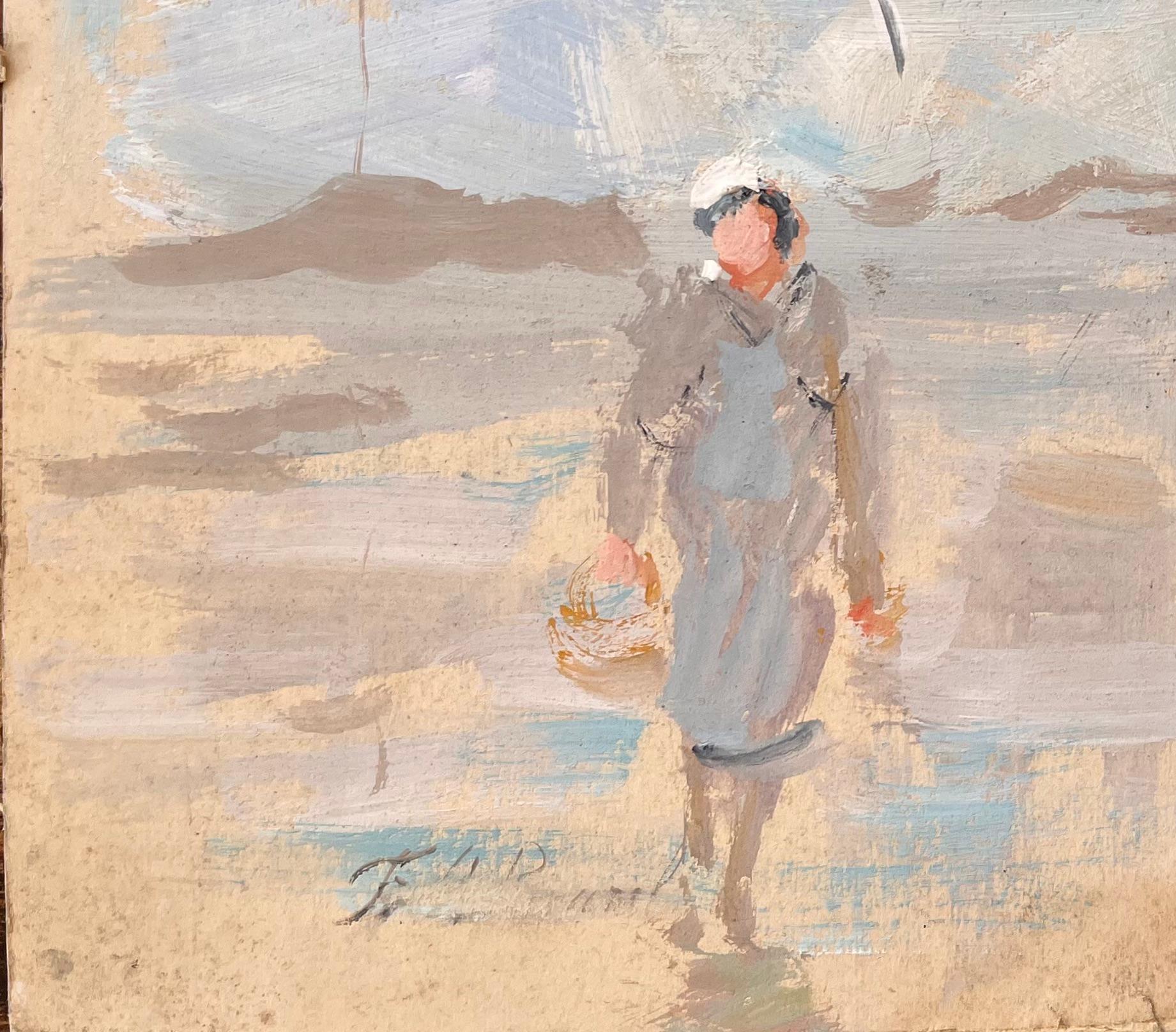 Titel: Impressionistische Strandszene mit Fischer und Frau beim Spaziergang unter Möwen
Von F.T. Roussel
Unterzeichnet: ja
Größe: 11,5 x 15,5 Zoll (Höhe x Breite)
Ölgemälde auf Karton, ungerahmt
Zustand: Das Gemälde ist in gutem Zustand mit