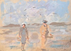 Impressionist Beach Scene with Fisherman and Woman Walking Under Seagulls